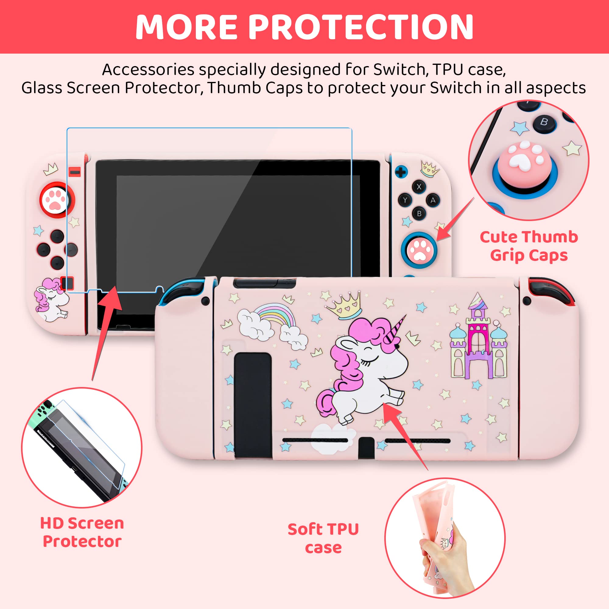 Unicorn Nintendo Switch Carrying Case for Girls - Pink Rainbow Travel Case with Soft TPU Protective Cover, HD Screen Protector, Thumb Grips & Shoulder Strap - Perfect for Gaming On-The-Go & Travel Accessories Storage