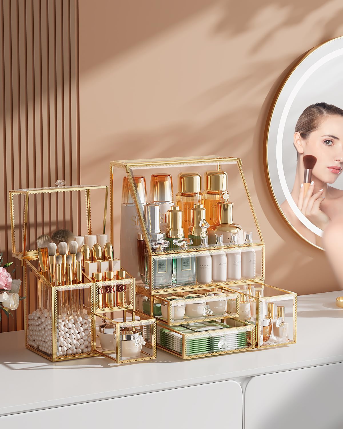 Premium Clear Glass Makeup Organizer - Multi-Purpose Vanity & Bathroom Cosmetic Storage for Countertop, Dresser, and Travel | Luxury High-End Cosmetic Display Case for Makeup Brushes, Lipsticks & Skincare Products