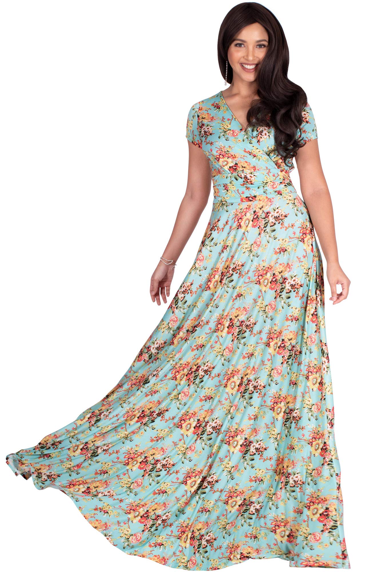 KOH KOH Women's Long Maxi Summer Dress - Floral Print Short Sleeve Flowy Modest Gown for Beach, Vacation & Casual Wear