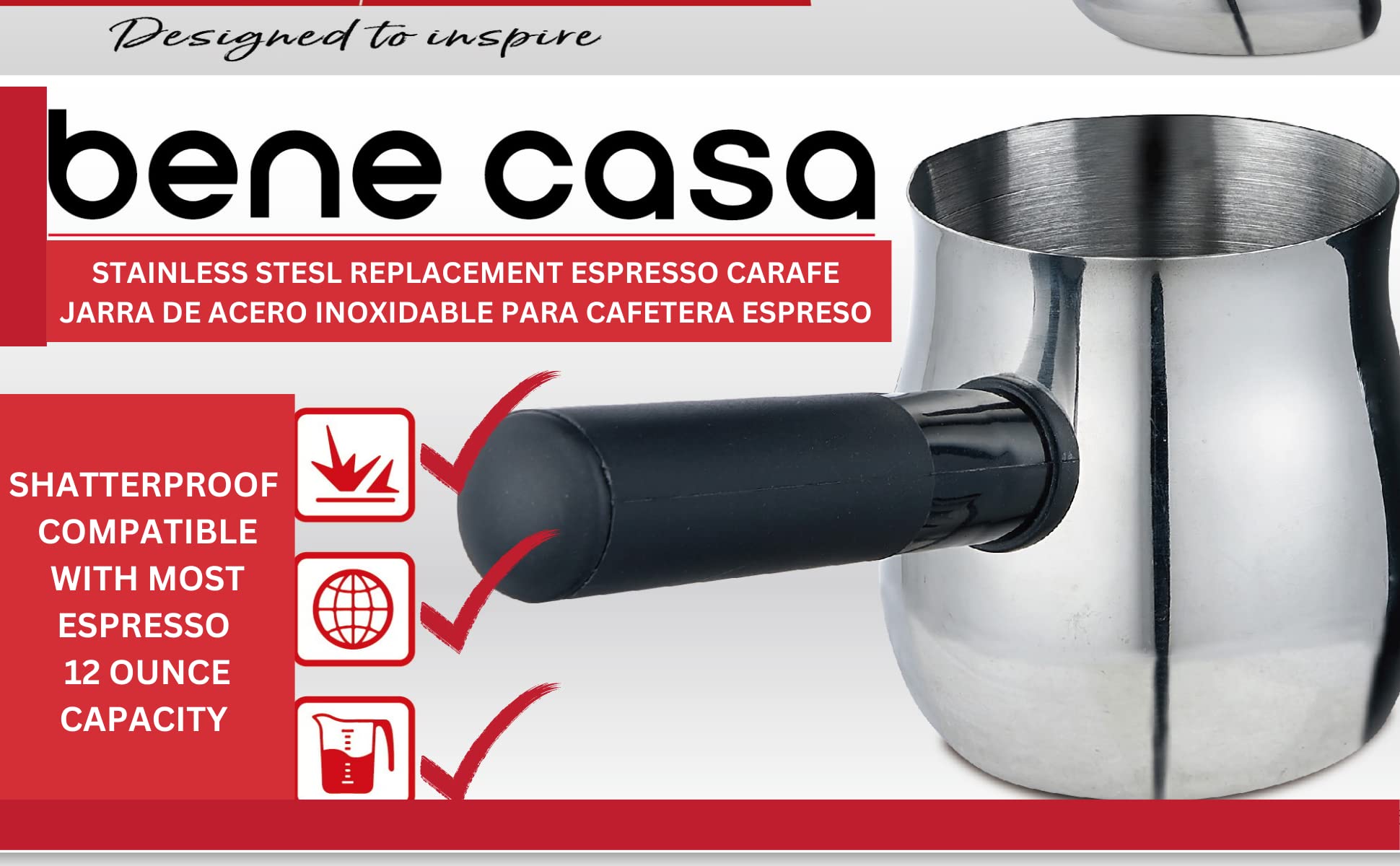 Bene Casa Stainless Steel Espresso Carafe Replacement - Durable Coffee Pot for Espresso Machines | Perfect for Home, Office & Cafes