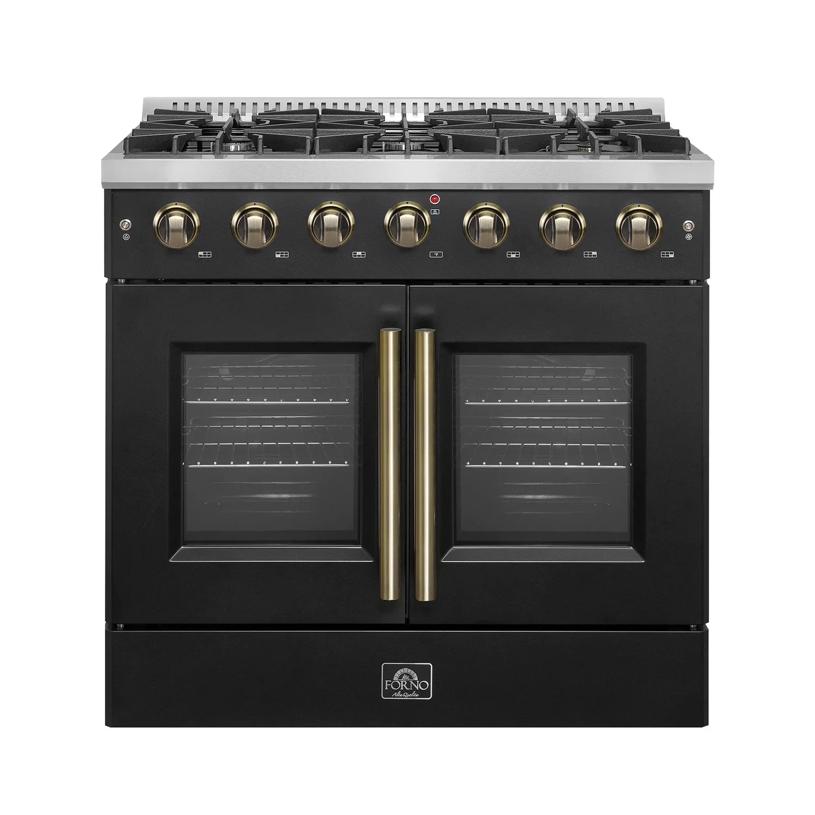 Forno Galiano 36 Inch French Door All Gas Range - Black with Antique Brass Trim - Model FFSGS6444 36BLK - Perfect for Modern Kitchens & Professional Chefs