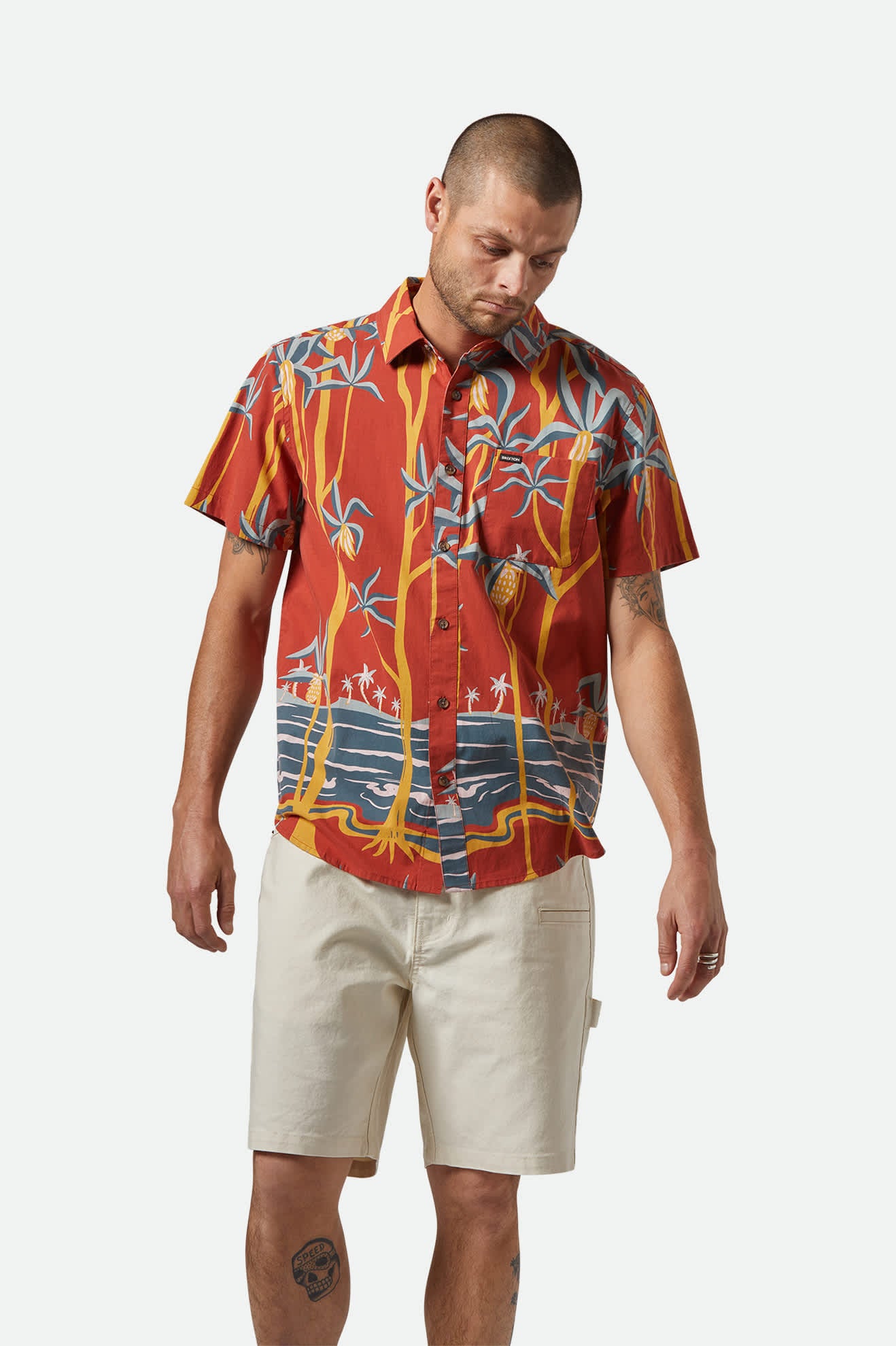 Charter Print Short Sleeve Shirt - Dark Red Scenic Trip Design | Casual Summer Tops for Men | Perfect for Travel, Vacation & Outdoor Adventures