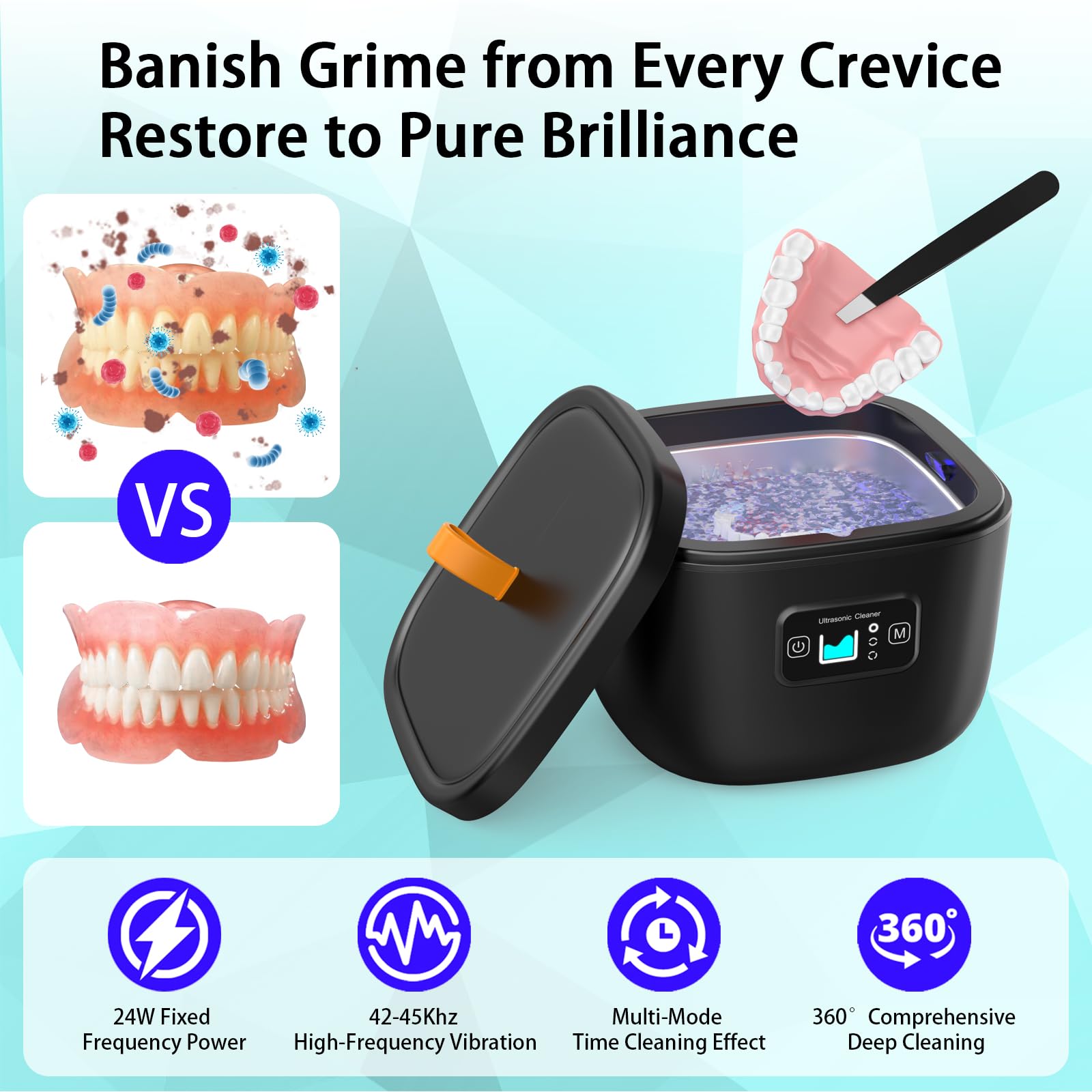 Professional 42-45KHZ Ultrasonic Jewelry & Retainer Cleaner Machine - 250ML Portable Dental Appliance Cleaner with Timer for Dentures, Braces, Aligners & Mouth Guards | Perfect for Travel & Home Use | Great Christmas Gift Idea (Black)
