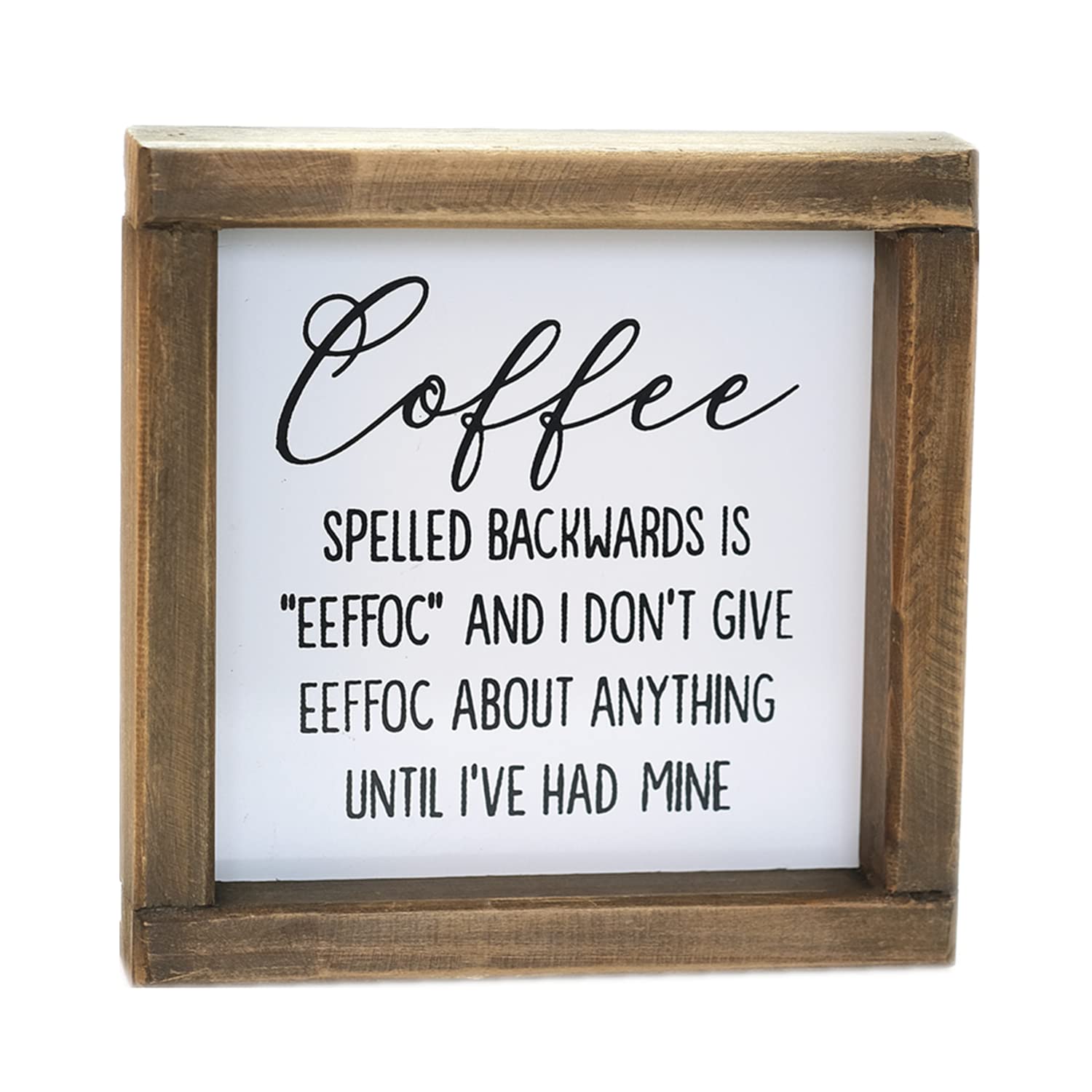 Funny Coffee Sign - SIMPLY ANI 'Eeffoc' Reverse Wordplay - Rustic Farmhouse Decor for Coffee Bar - 7x7 Inch Small Kitchen Wall Art - Unique Gift for Coffee Lovers - Perfect for Home, Office or Café Décor