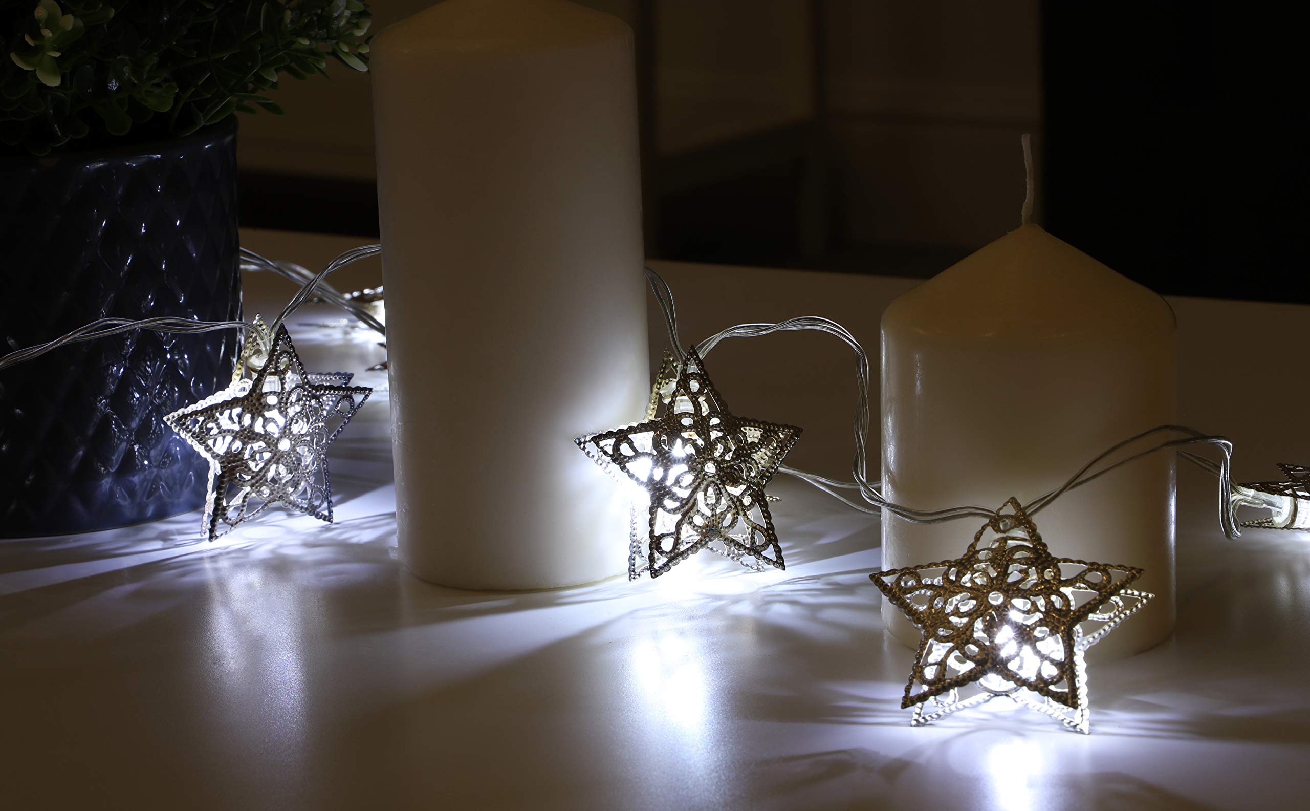 10 Pack Silver Metal Star Shaped Christmas Fairy Lights with Warm White LEDs - Indoor/Outdoor Holiday Decor for Bedroom, Tree, Window, Party & Home Decoration