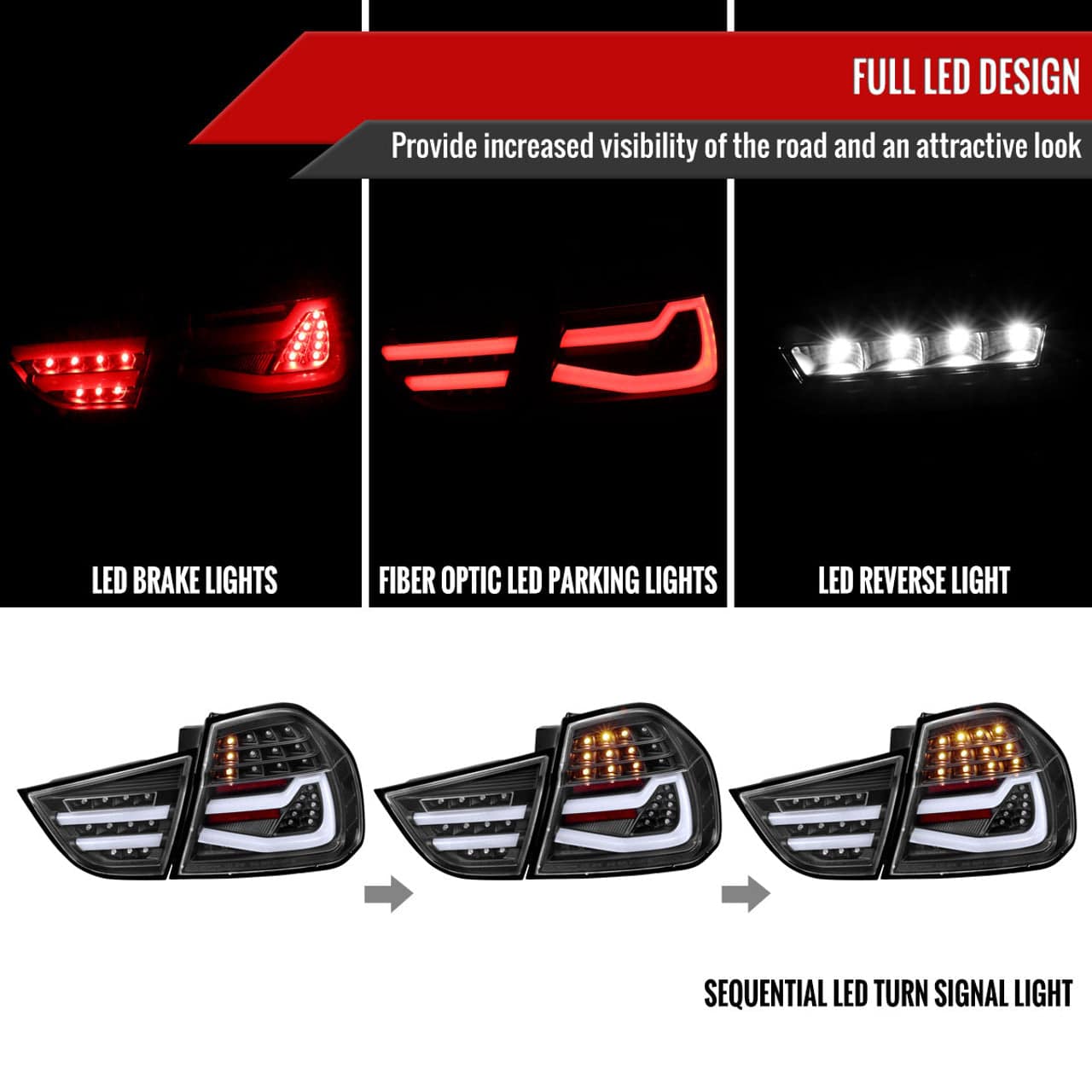 Full LED Black Tail Lights with Fiber Optic Parking Light & Sequential Turn Signals for 2009-2011 BMW E90 3 Series 4DR Sedan - Left & Right Pair Assembly - Upgrade Your Ride for Night Driving & Enhanced Style