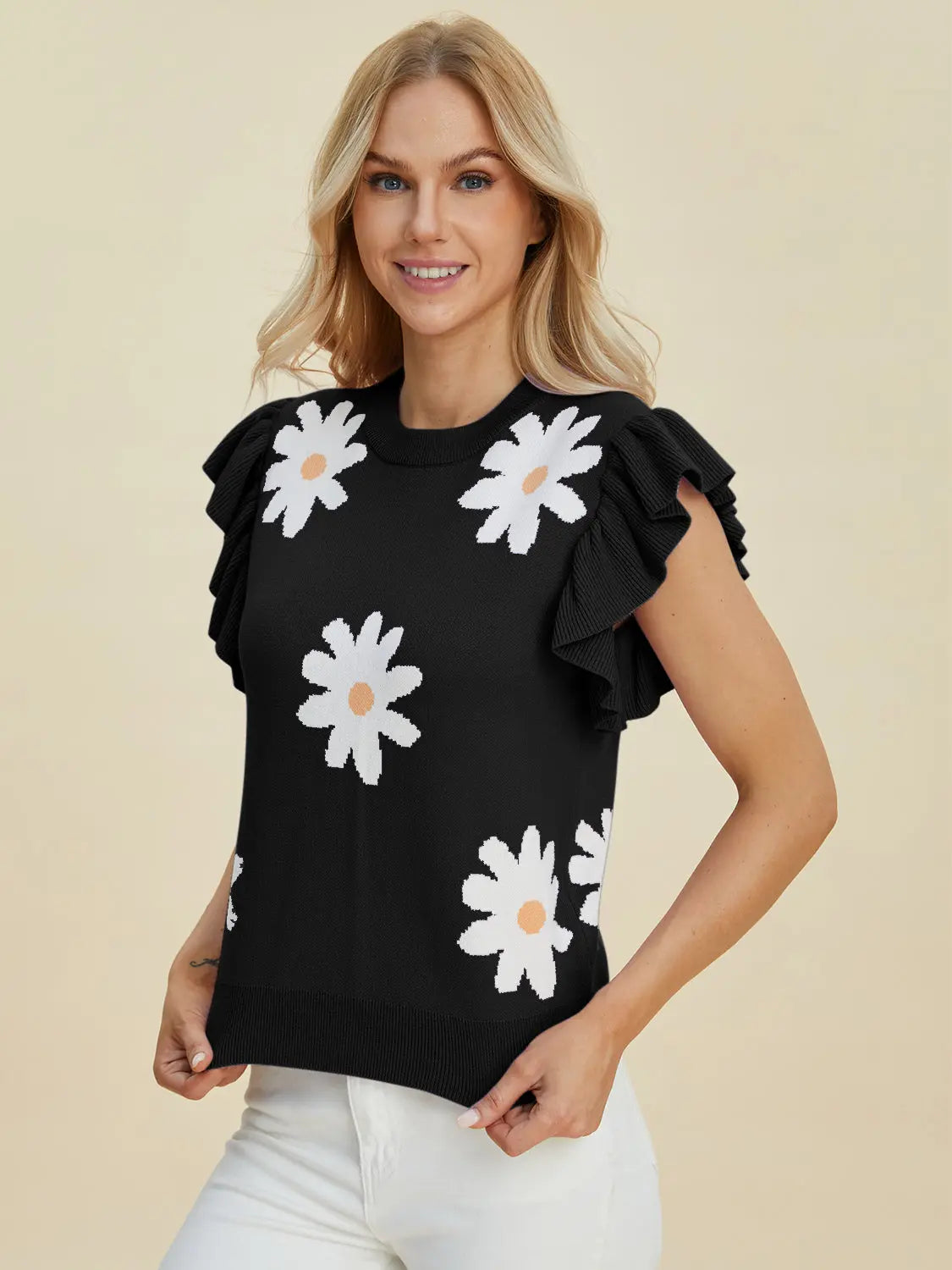 Double Take Full Size Ruffled Flower Round Neck Cap Sleeve Sweater - Women's Floral Knit Top for Casual Wear, Date Night & Office Outfits