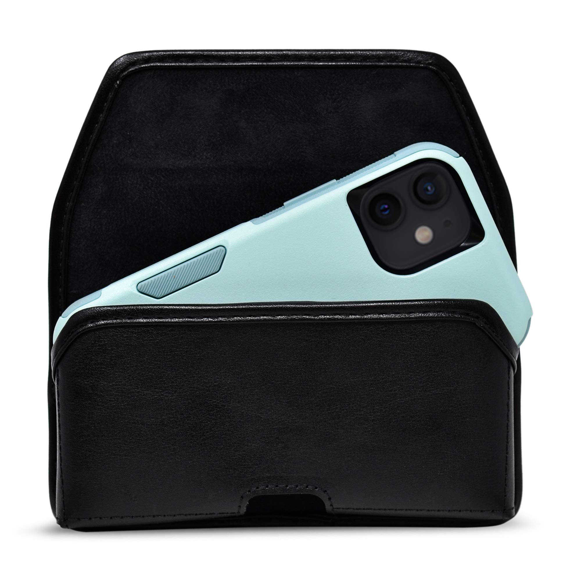 Premium Leather Phone Holster for iPhone 13 & 12 Mini - Black Belt Clip Holder for Shockproof Cases | Commuter & Symmetry Style | Durable Leather Belt Clip for Work, Travel & Outdoor Activities