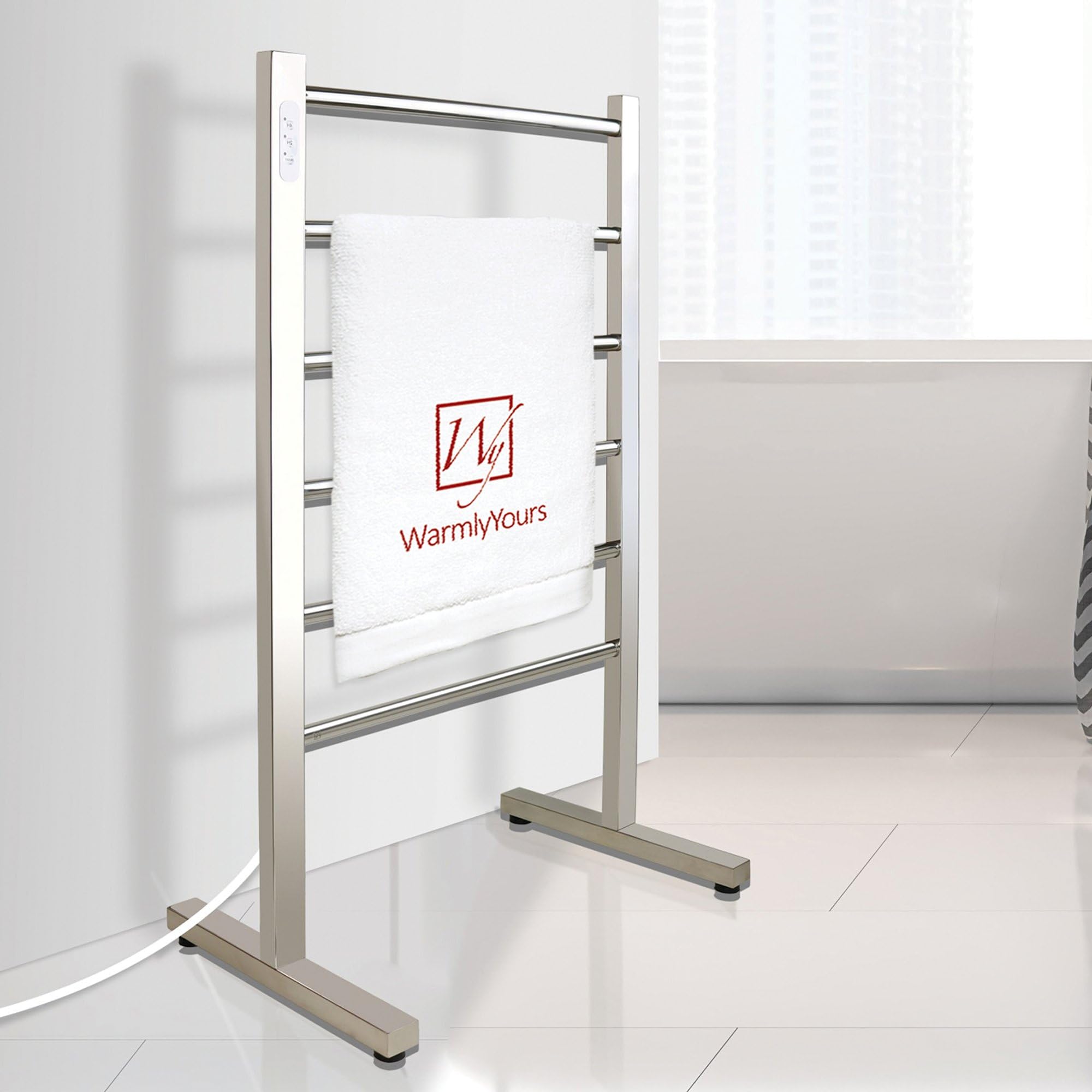 Freestanding 6-Bar Heated Towel Warmer - Polished Stainless Steel Electric Towel Rack with Built-in Timer, Plug-in Design for Bathroom & Spa - Perfect for Luxury Home, Hotel, or Gym Use (Ibiza Model by WarmlyYours)