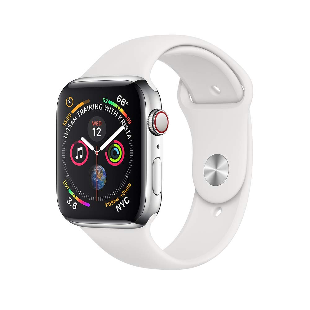 Apple Watch Series 4 (GPS + Cellular, 44mm) - Stainless Steel Case with White Sport Band (Renewed) | Smartwatch for Fitness Tracking, Calls & Notifications | Perfect for Workouts, Running & Daily Use