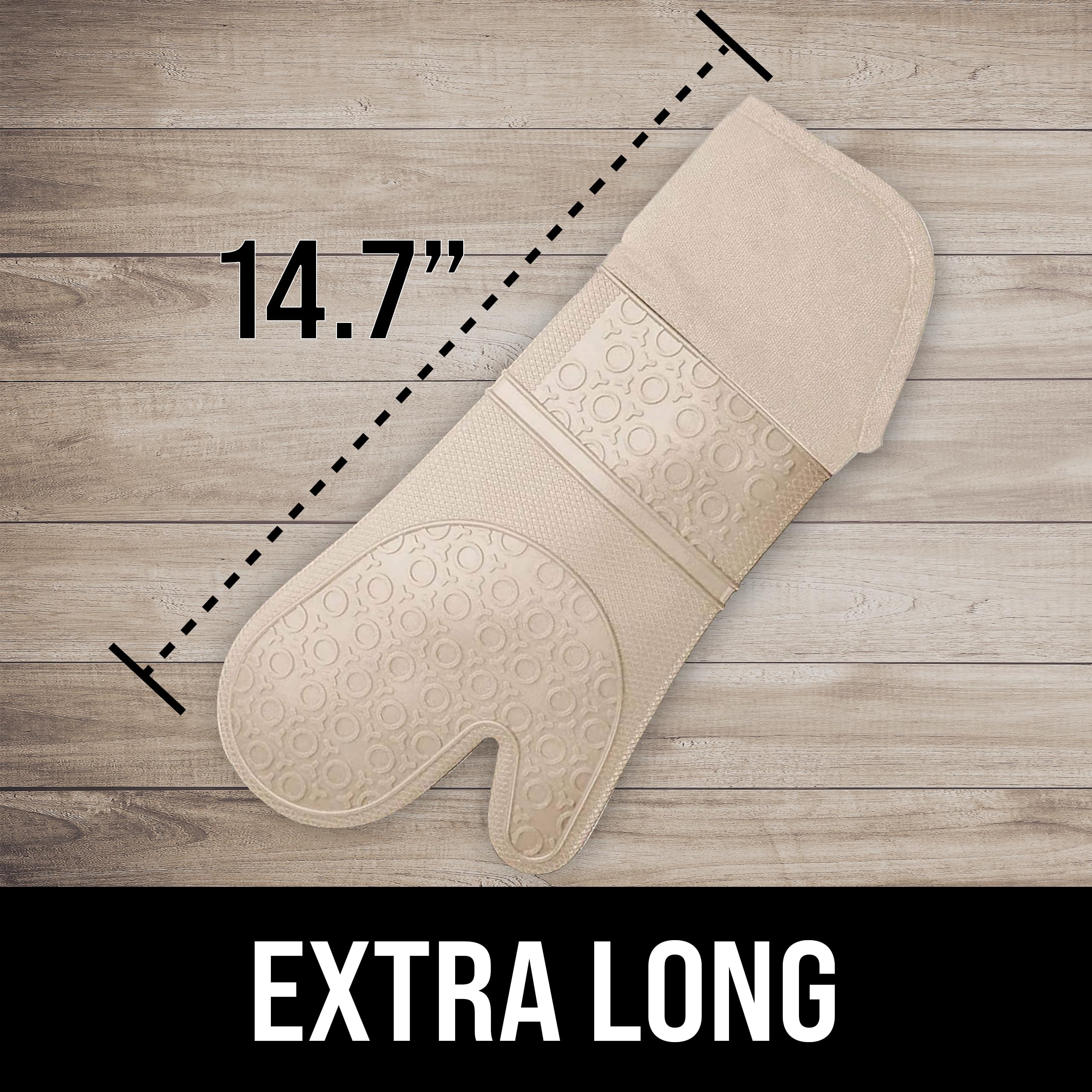 Extra Long Professional Silicone Oven Mitts - Heat Resistant Up to 500°F, Quilted Cotton Liner for Maximum Protection, Flexible Kitchen Gloves for Baking, Grilling & Cooking (1 Pair, Beige, 14.7 Inch) - Perfect for BBQ, Roasting & Handling Hot Pots/Pans