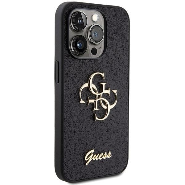 Guess Glitter Script Big 4G Phone Case for iPhone 15 Pro Max 6.7 Inch - Sparkly Black Protective Cover (GUHCP15XHG4SGK) | Perfect for Everyday Use, Parties & Gift Giving