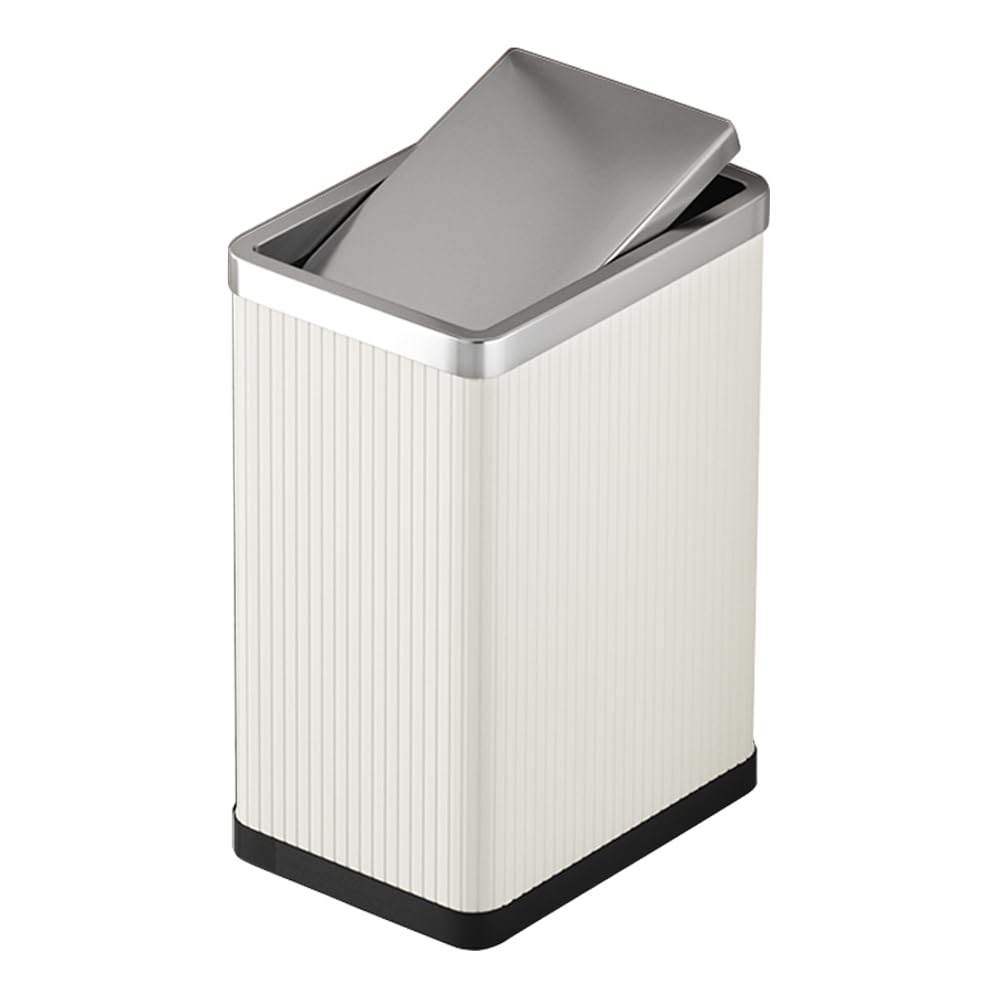 LEASYLIFE 10L/2.6GAL Metal Trash Can with Swing Lid - Modern Rectangular Bathroom Garbage Bin for Small Spaces, Bedroom, Office & Laundry Room - White Stripe Design | Perfect for Tight Corners & Home Organization