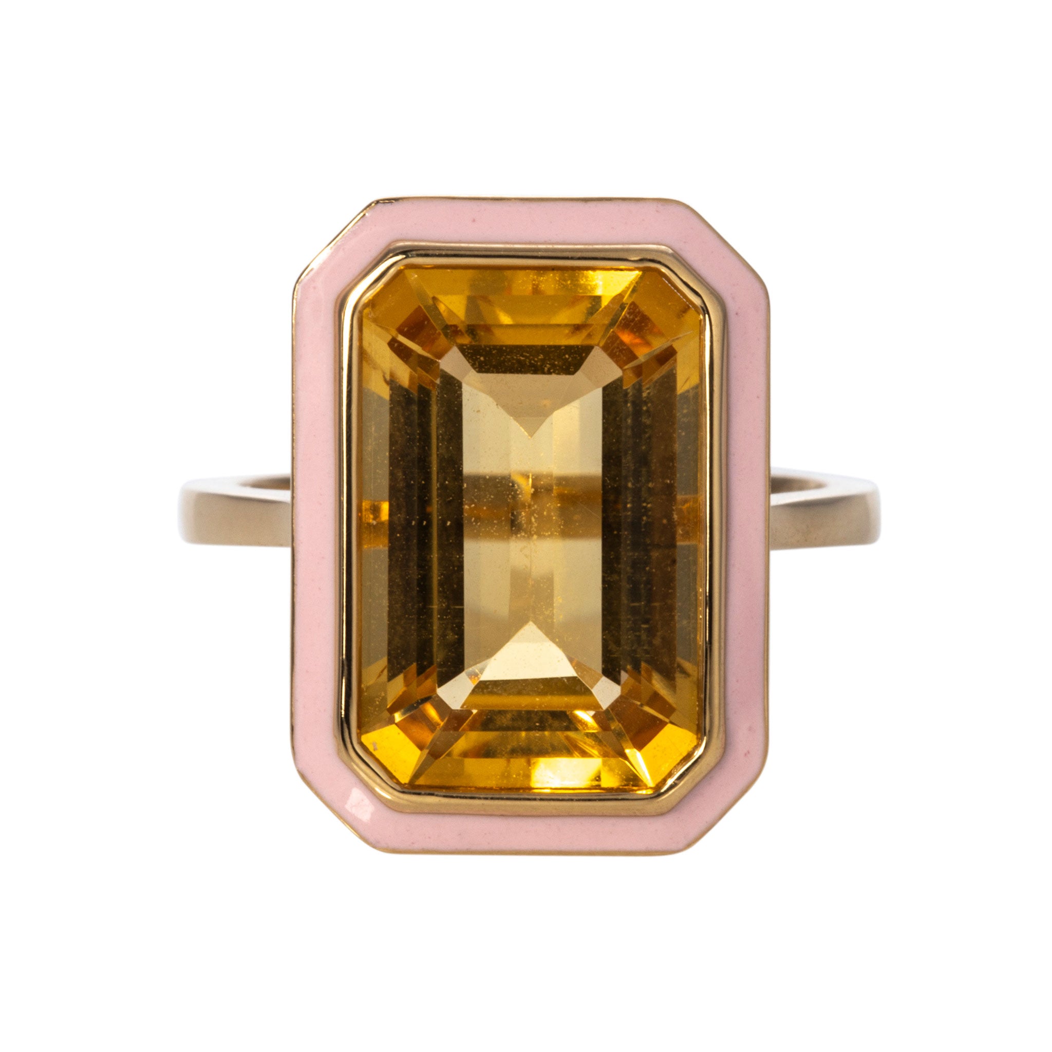Goshwara Emerald Cut Citrine & Pink Enamel 18K Gold Ring for Women | Elegant Statement Jewelry for Weddings, Parties & Special Occasions