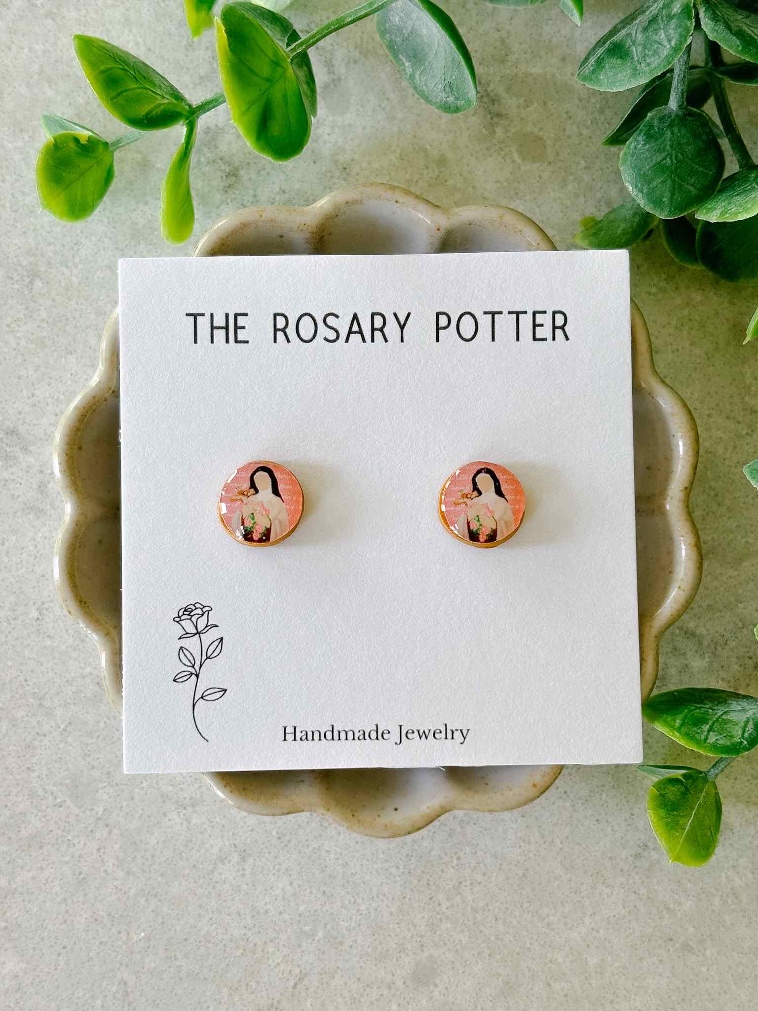 Handmade St. Therese Rose Gold Earrings for Women - Religious Jewelry Gift for Baptism, First Communion & Catholic Devotion - Elegant Dangle Earrings for Church & Special Occasions
