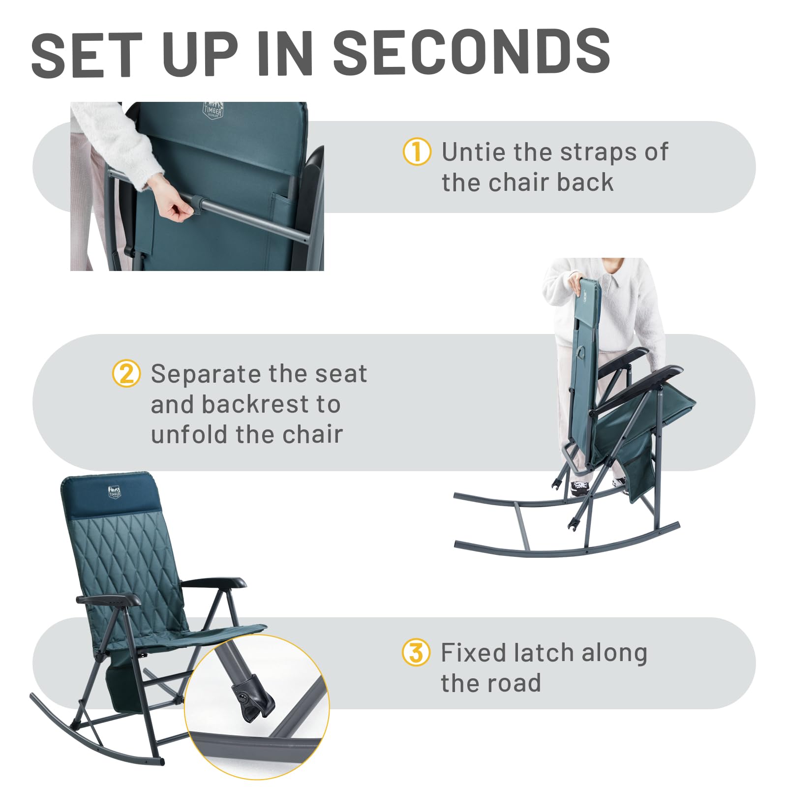 TIMBER RIDGE Adjustable Rocking Camping Chair - Padded High Back Outdoor Rocker with Side Pocket, Portable Folding Chair for Adults (300 LBS Capacity) - Perfect for Lawn, Patio, Porch, Beach & Backyard Relaxation - Blue (1 Pack)