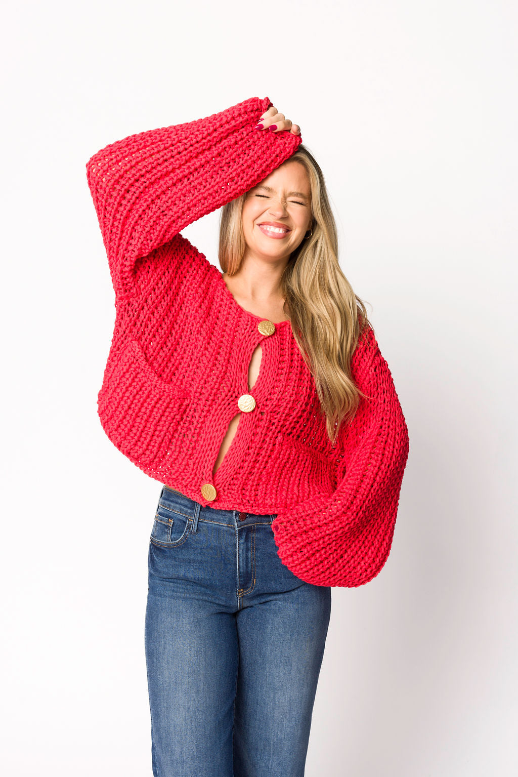 Reina Chunky Knit Cardigan Women's Oversized Red Sweater - Cozy Winter Fashion for Casual Outfits & Loungewear
