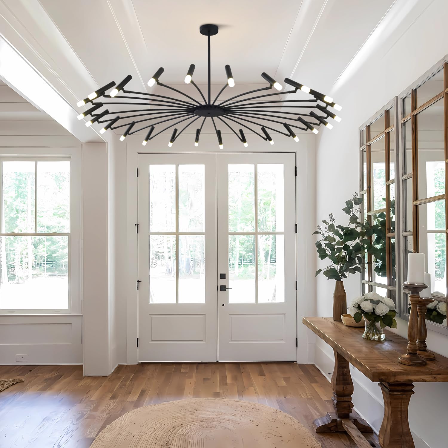 Extra Large Modern Chandelier for High Ceiling - Mid Century Sputnik Style Black Flush Mount Ceiling Light - Contemporary Lighting for Living Room, Dining Room, Foyer & Bedroom - Perfect for Modern Home Decor & Luxury Interior Design