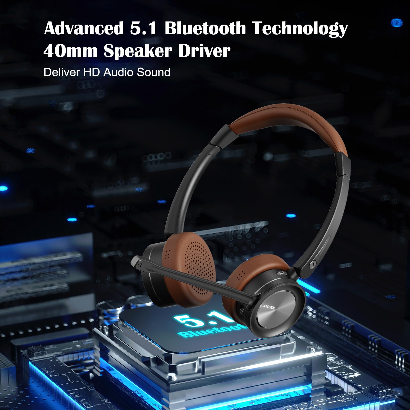 MAIRDI Wireless Bluetooth Headset with Noise Cancelling Microphone - Dual Connectivity 5.1 Multipoint Headphones for Truckers, Office Work, PC, Cell Phone - Perfect for Teams Calls, Home Office & Long-Distance Driving