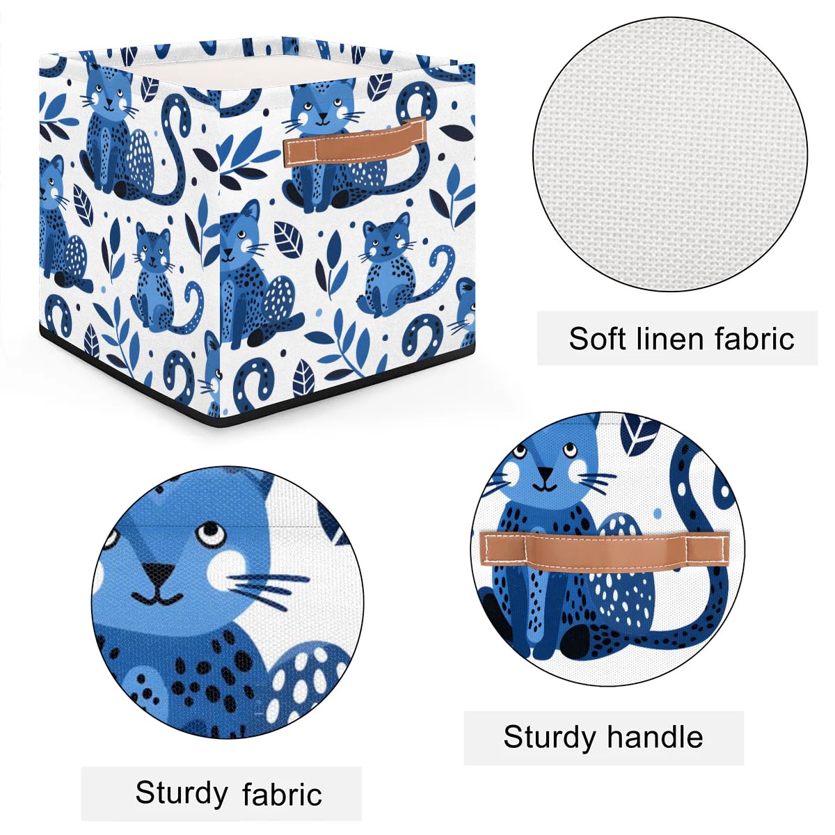 13 Inch Collapsible Storage Basket with Leather Handle - Foldable Organizer Bin for Closet, Shelves & Home Decor (Blue) | Perfect for Bedroom, Bathroom & Kids' Room Organization