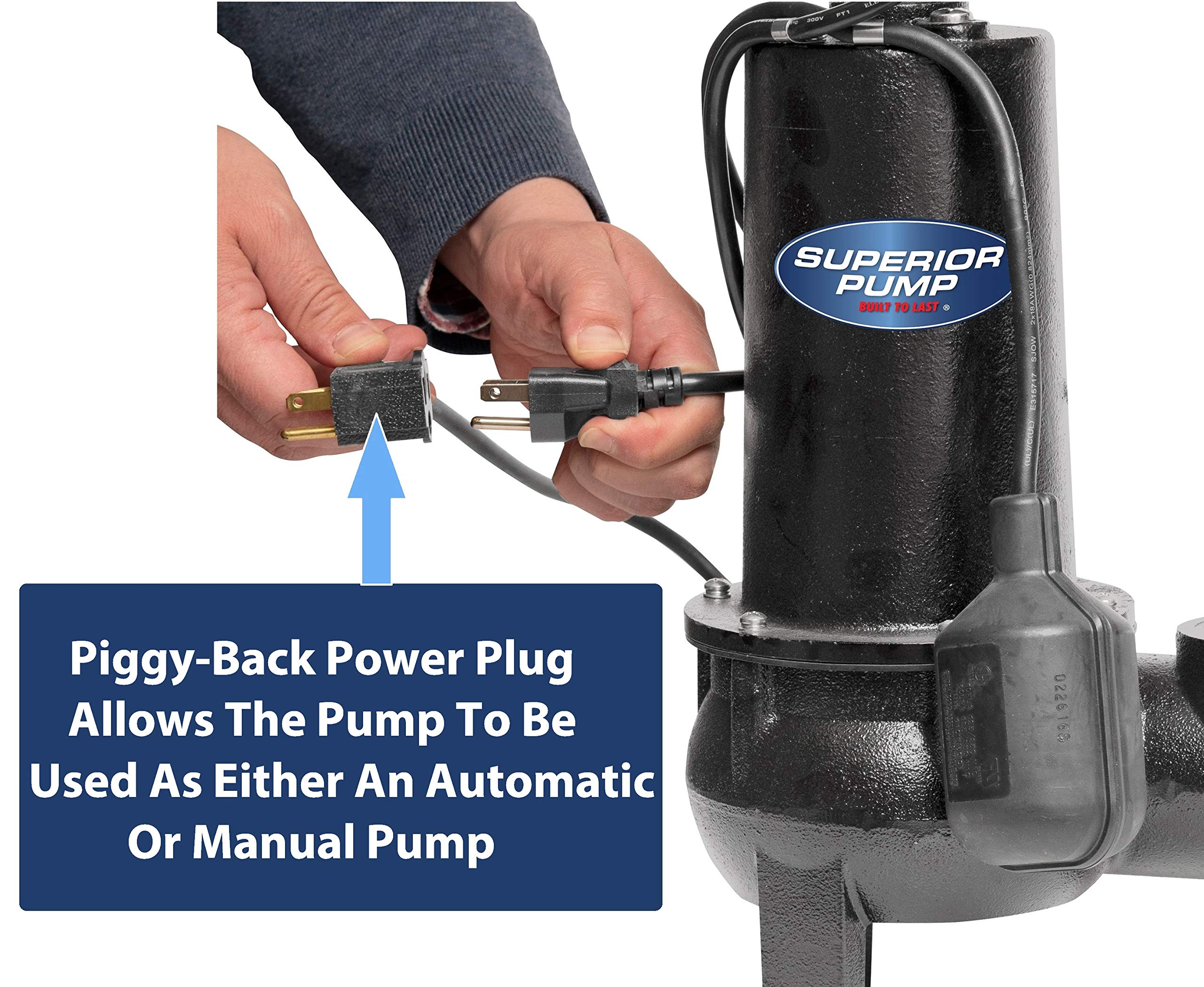 Superior Pump 93501 1/2 HP Cast Iron Sewage Pump with Tethered Float Switch - Heavy Duty Sump Pump for Basement, Crawl Space & Septic System Drainage