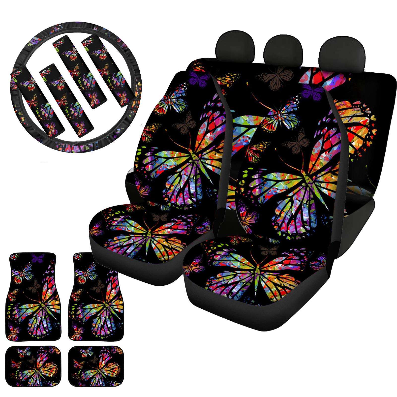 WELLFLYHOM Universal Car Seat Covers Full Set for Women - Rainbow Butterfly Design Front & Rear Bench Covers, Floor Mats, Steering Wheel & Seat Belt Covers - Perfect for SUV, Sedan Interior Accessories & Gift Ideas