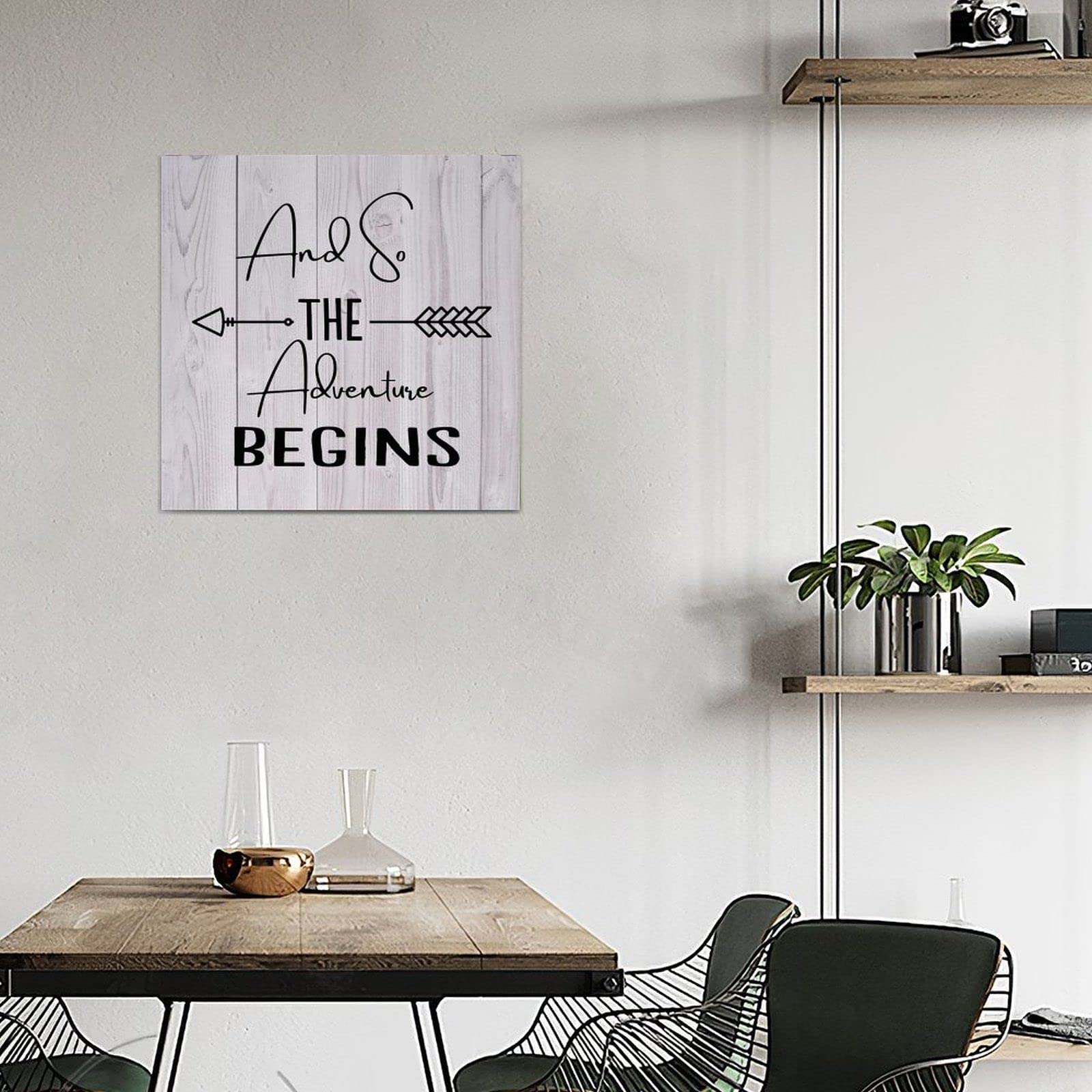 Rustic Wood Sign 'And So The Adventure Begins' - Ready to Hang Wooden Plaque, Front Door Hanger, Wall Art for Bedroom, Living Room & Kitchen - Perfect Housewarming Gift (14x14 Inch) - Ideal for Farmhouse Decor, Wedding Entryway & Cozy Home Accents