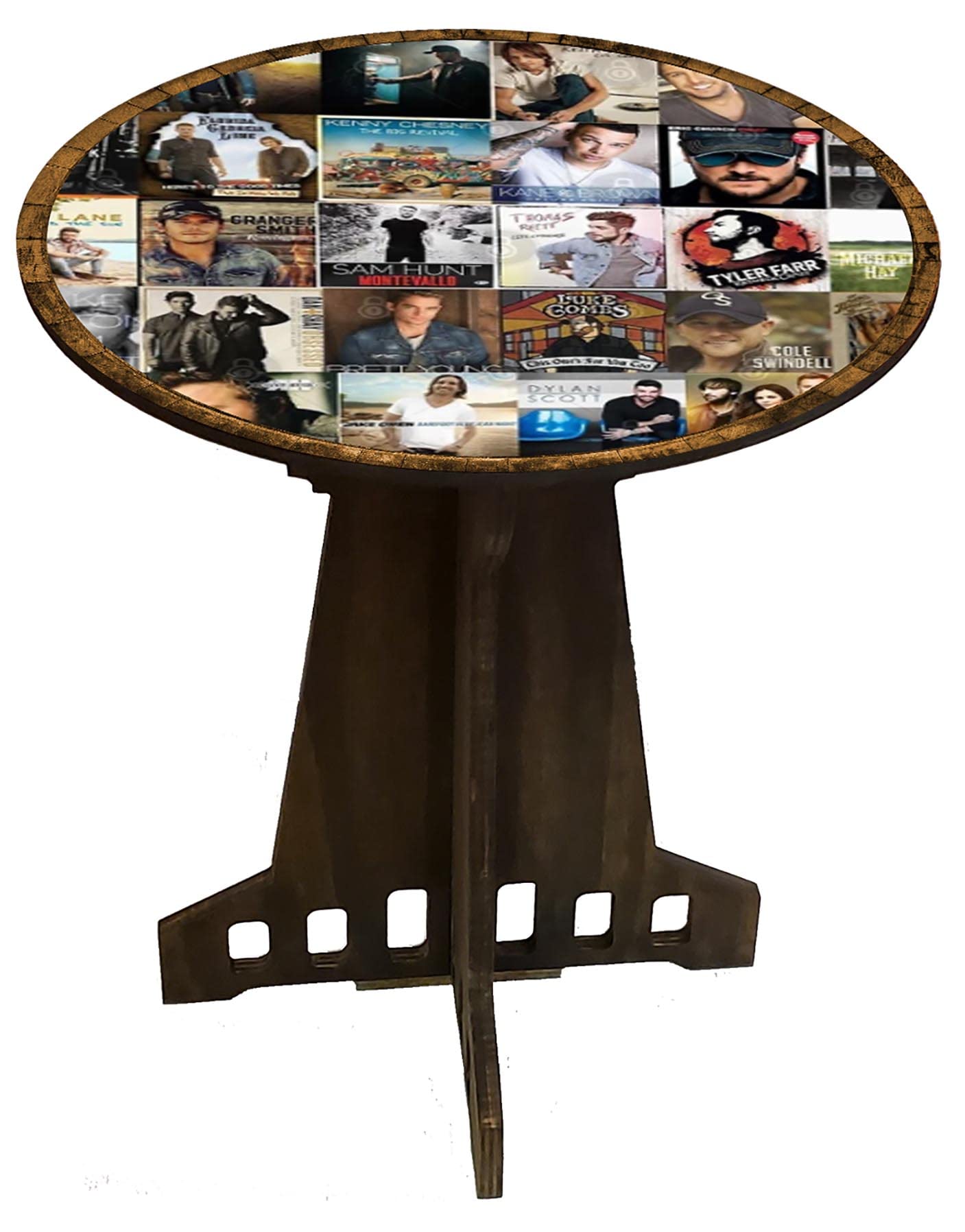 Rustic American Country Music Themed End Table with Round Top & Shelf - Perfect for Living Room, Bar, or Man Cave Decor