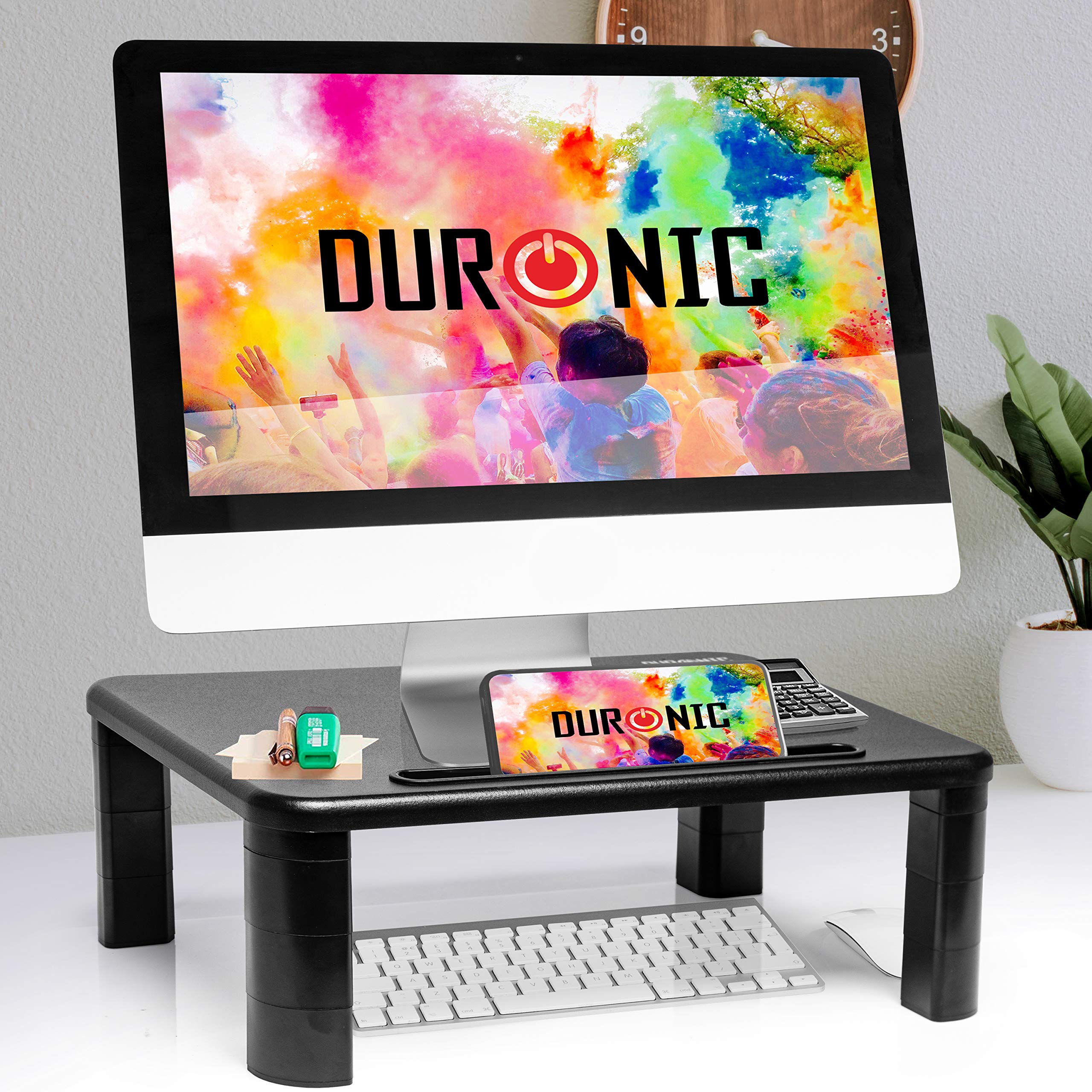 Duronic DM055 Wooden Monitor Stand Riser - Ergonomic Laptop & Desktop Screen Stand for PC, TV, or Computer Monitor - Black Office Desk Shelf with 10kg Capacity (40x28cm) - Perfect for Home Office, Gaming Setup & Workspace Organization