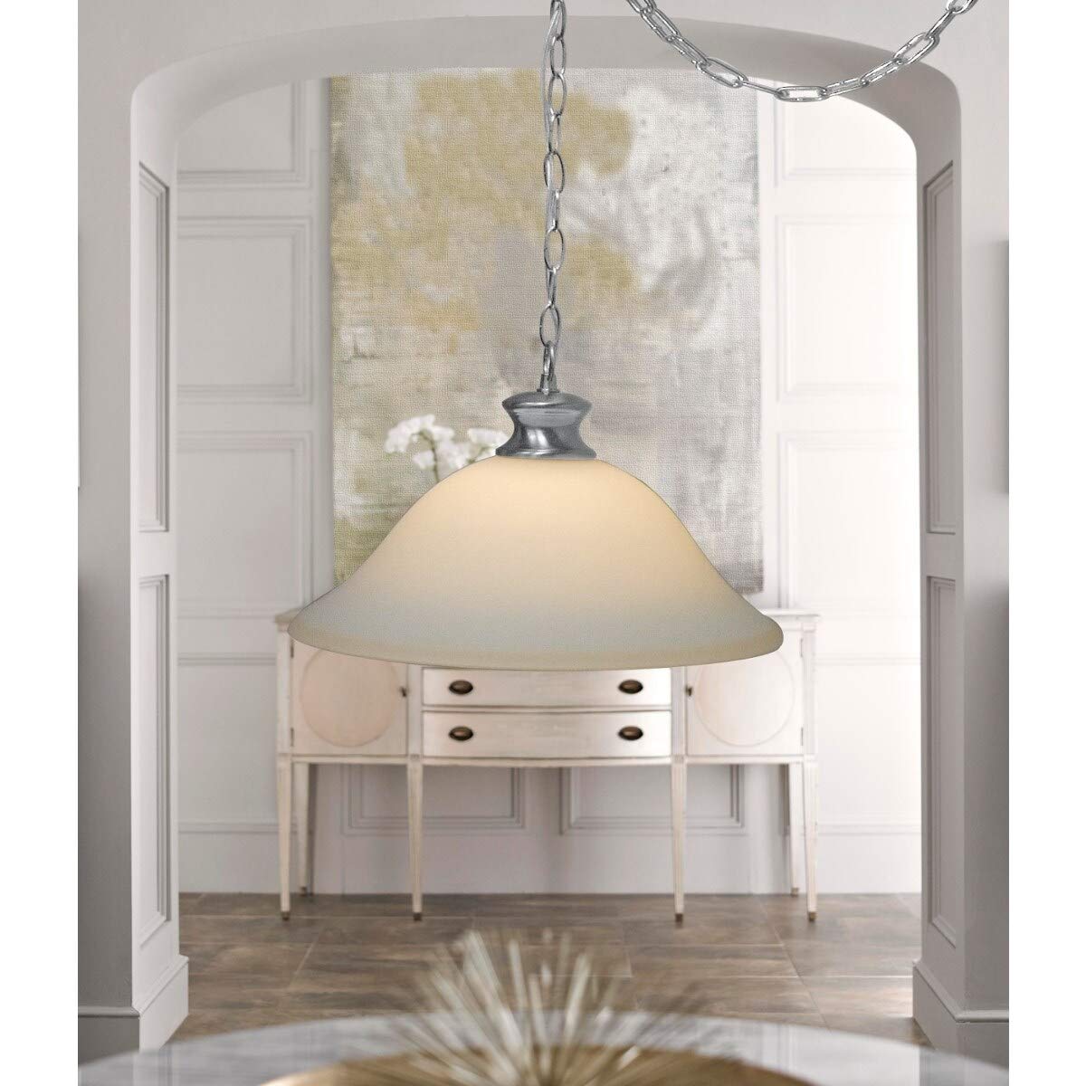 Modern Brushed Nickel Glass Shade Swag Lamp - White Contemporary Ceiling Light for Living Room, Bedroom, or Dining Area