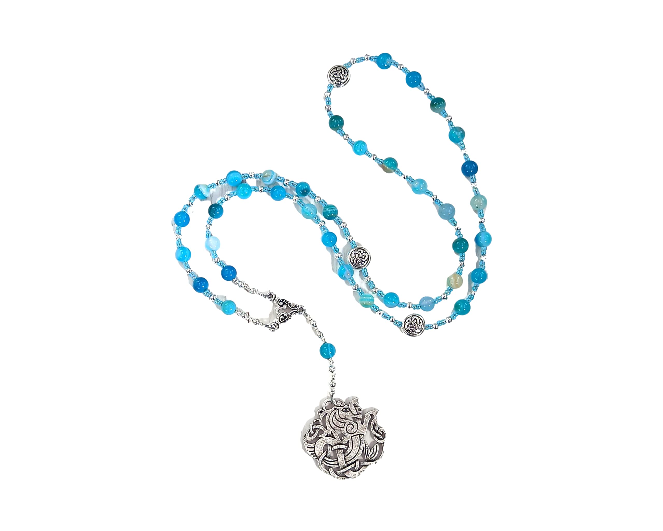 Manannan mac Lir Prayer Bead Necklace - Blue Agate Celtic Jewelry | Irish Sea God Necklace for Spiritual Protection & Meditation | Perfect for Pagan Rituals & Celtic Traditions