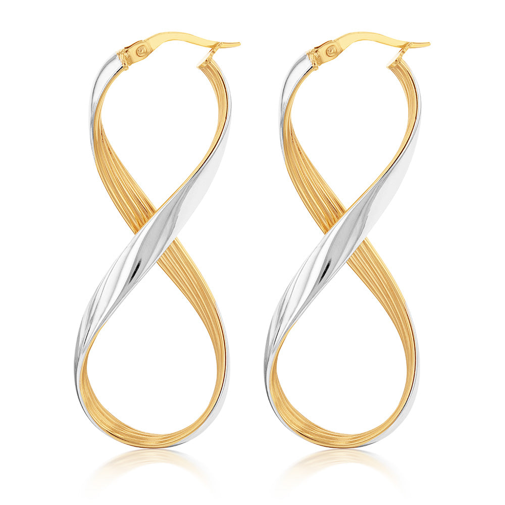 9ct Yellow and White Gold Infinity Hoop Earrings for Women - Elegant Stackable Huggie Earrings for Everyday Wear, Date Night & Special Occasions