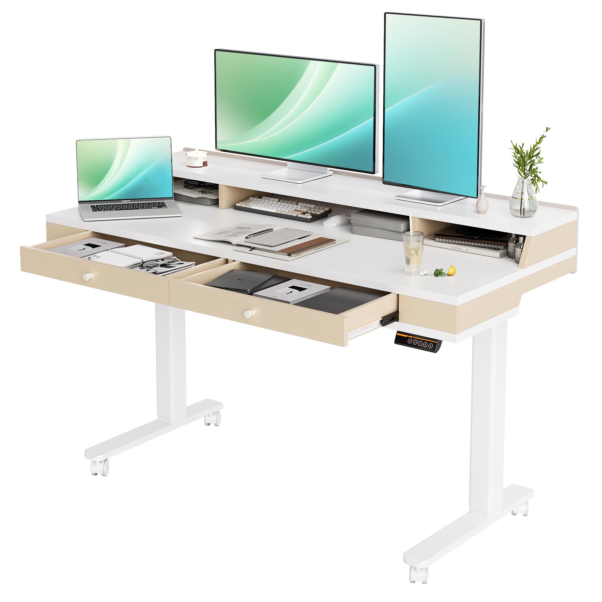 Claiks 55 Inch Electric Adjustable Standing Desk with Drawers & Storage Shelves - Height Adjustable Sit Stand Desk with Wheels, White | Perfect for Home Office, Gaming Setup & Workspace Ergonomics