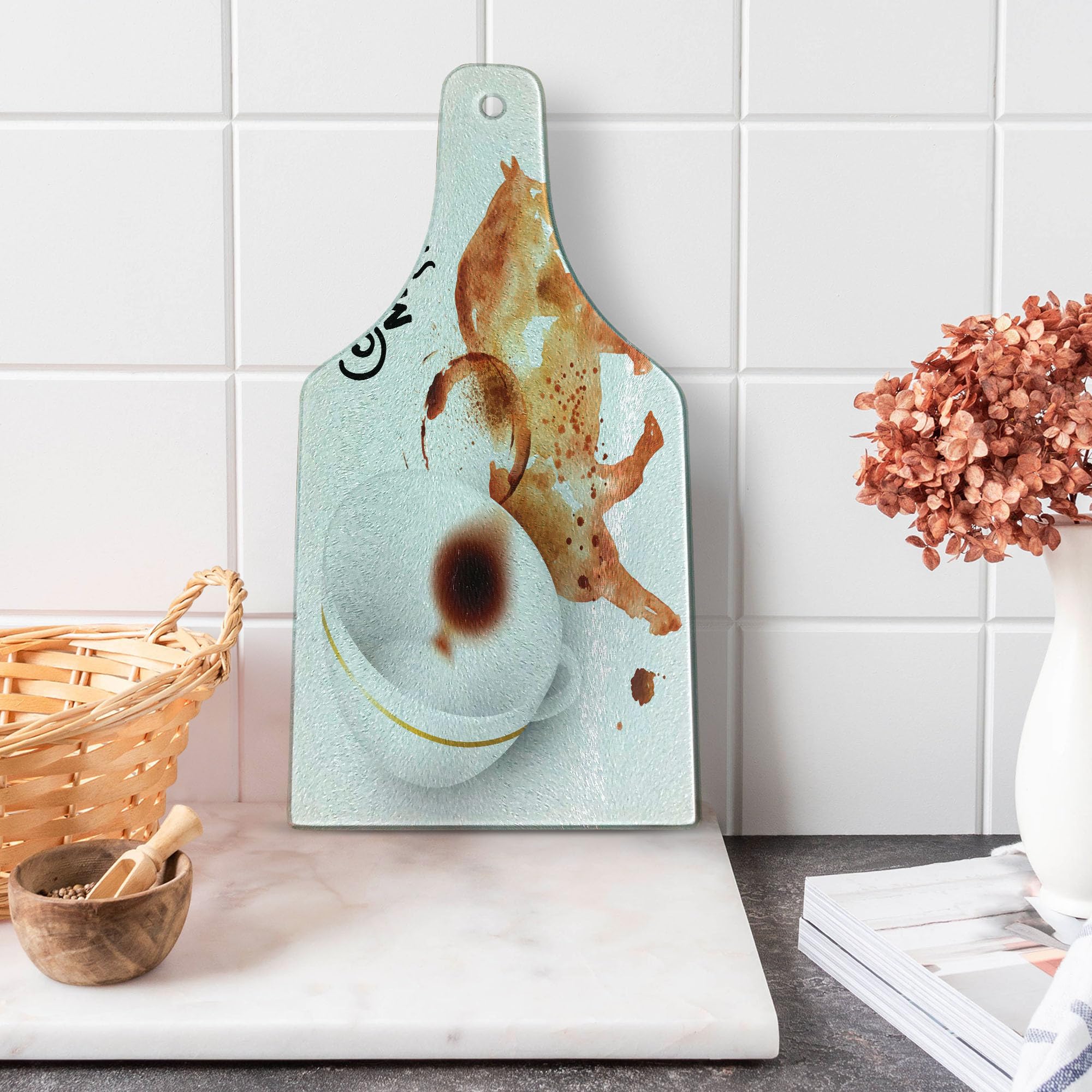 Ambesonne Coffee Art Tempered Glass Cutting Board - Wild Animal Latte Cappuccino Design, Decorative Serving Board with Wine Bottle Shape in Burnt Sienna, White and Black Colors - Perfect for Coffee Shops, Home Kitchens, and Gift Giving