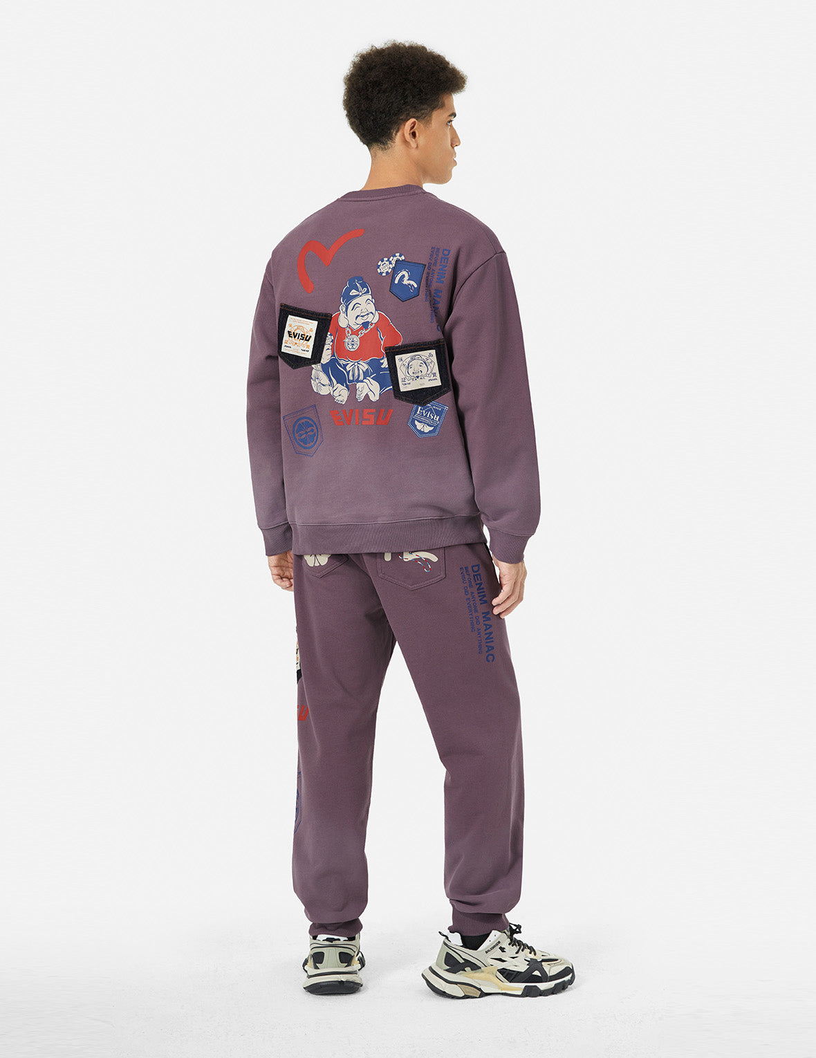 Ebisu Print Multi-Pocket Washed Relaxed Fit Sweatshirt | Vintage Style Pullover for Men & Women | Perfect for Casual Wear, Street Style & Loungewear