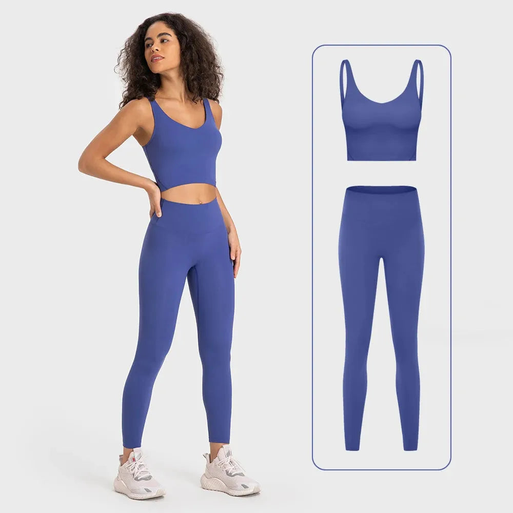 Women's 2-Piece Stretch Nylon Spandex Workout Outfit - Padded Crop Tank Bra & High Waist Yoga Leggings Set for Gym, Running & Yoga | Comfortable Tracksuit for Fitness & Active Lifestyle