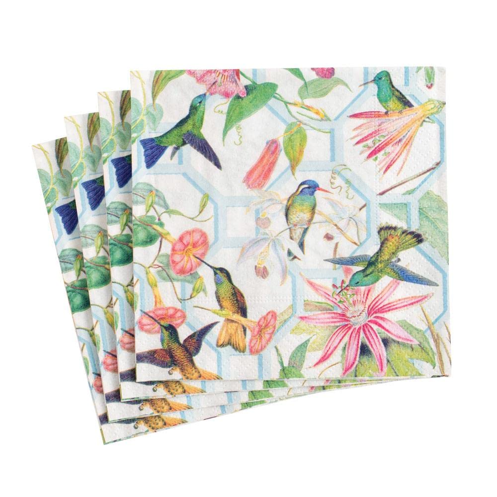Caspari Hummingbird Trellis Paper Cocktail Napkins - 40 Count, Floral Bird Design, Disposable Party Napkins for Weddings, Bridal Showers & Garden Events