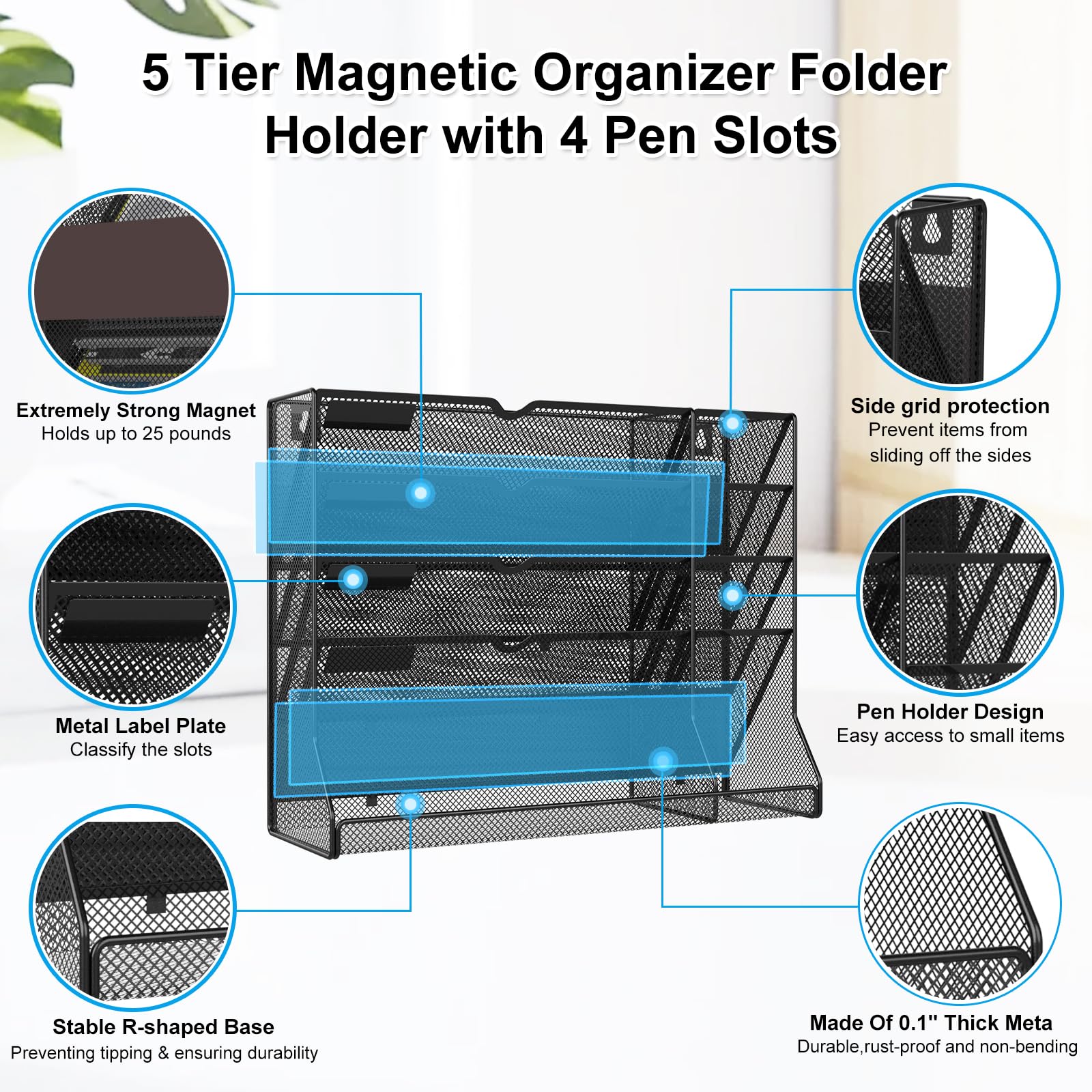 5-Tier Magnetic File Organizer with R-Shaped Bottom Tray - Hanging Mail & Document Holder for Office & Home - Includes 4 Pen Holders - Perfect for Desk Organization, Wall Storage & Paper Management (Black)
