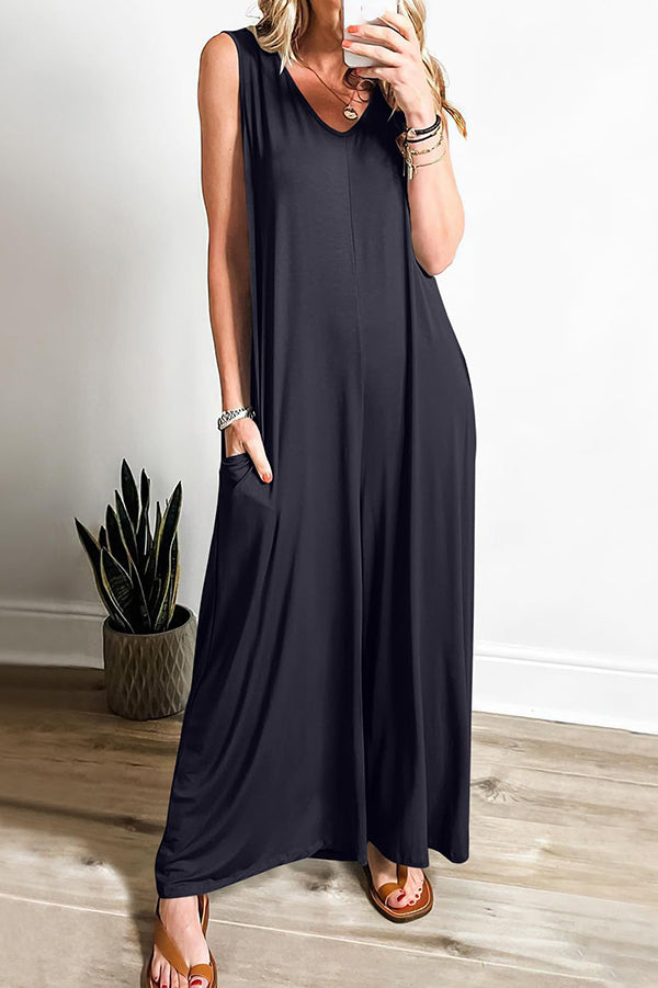 Solid Color V-Neck Sleeveless Loose Pocket Wide Leg Jumpsuit for Women - Casual Summer Outfit, Beach Cover Up, Vacation Wear