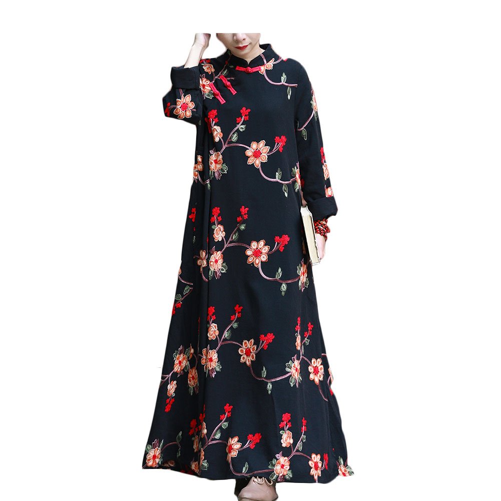 LZJN Women's Floral Embroidery Maxi Dress - Chinese Style Casual Long Summer Dress for Beach, Vacation & Boho Fashion