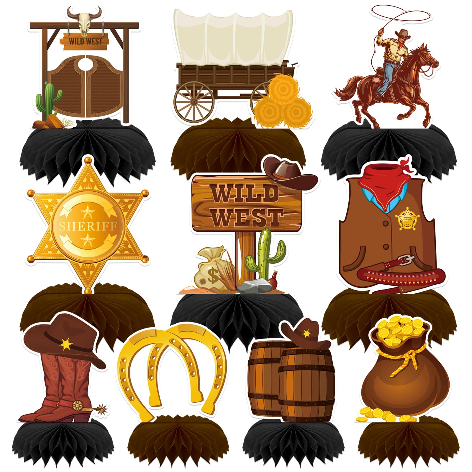 10 Pcs Wild West Cowboy Party Decorations - Honeycomb Centerpieces for Western Themed Birthday Parties, Baby Showers & Table Decor | Perfect for Cowboy BBQ, Ranch Weddings & Country Themed Events