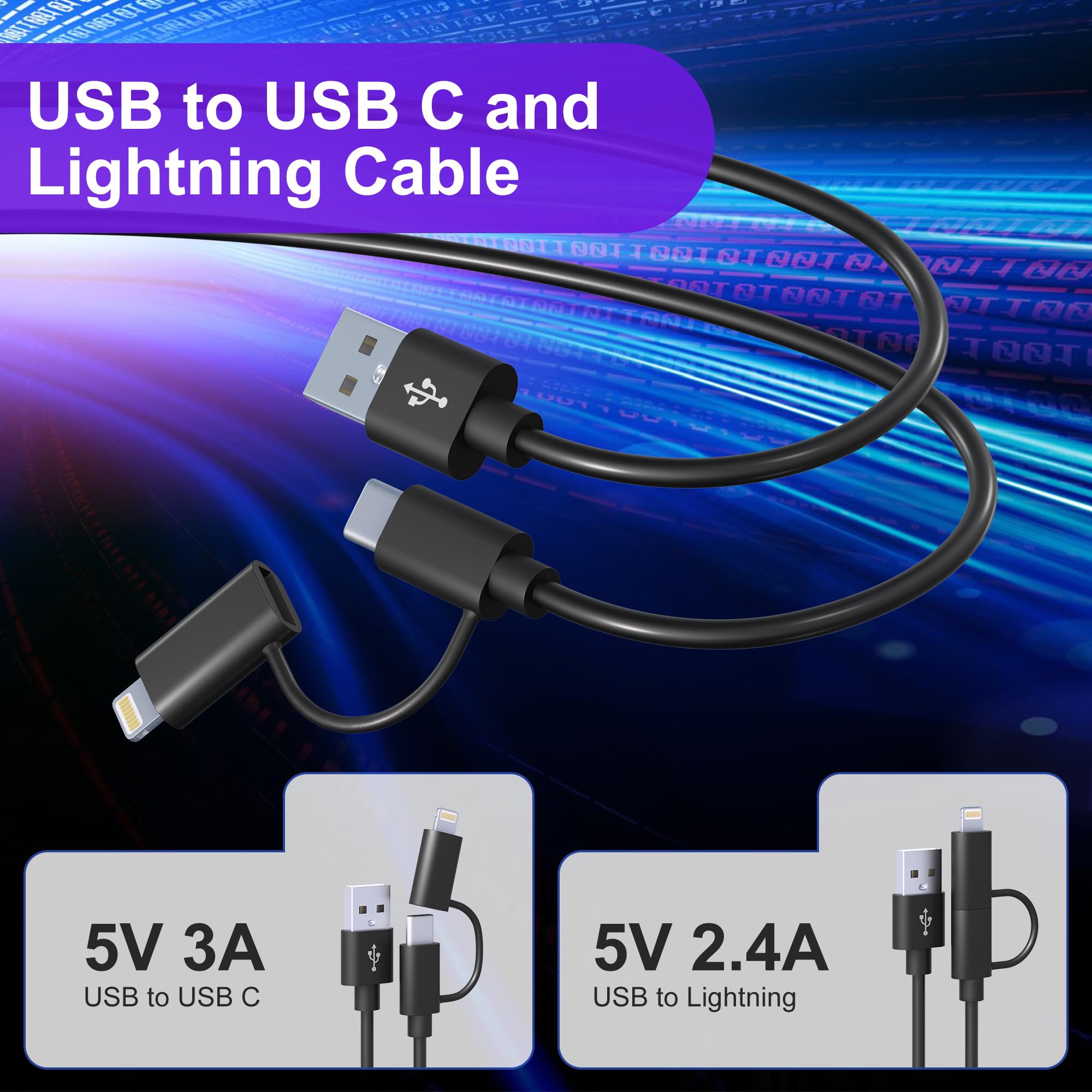 2-in-1 USB to USB-C & Lightning Coiled Cable - 3A Fast Charging & Data Sync for iPhone 15/14/13/12 & Android - 3FT Short Curly Cable (Supports Apple CarPlay & Android Auto) - Perfect for Car Charging, Home & Office Use