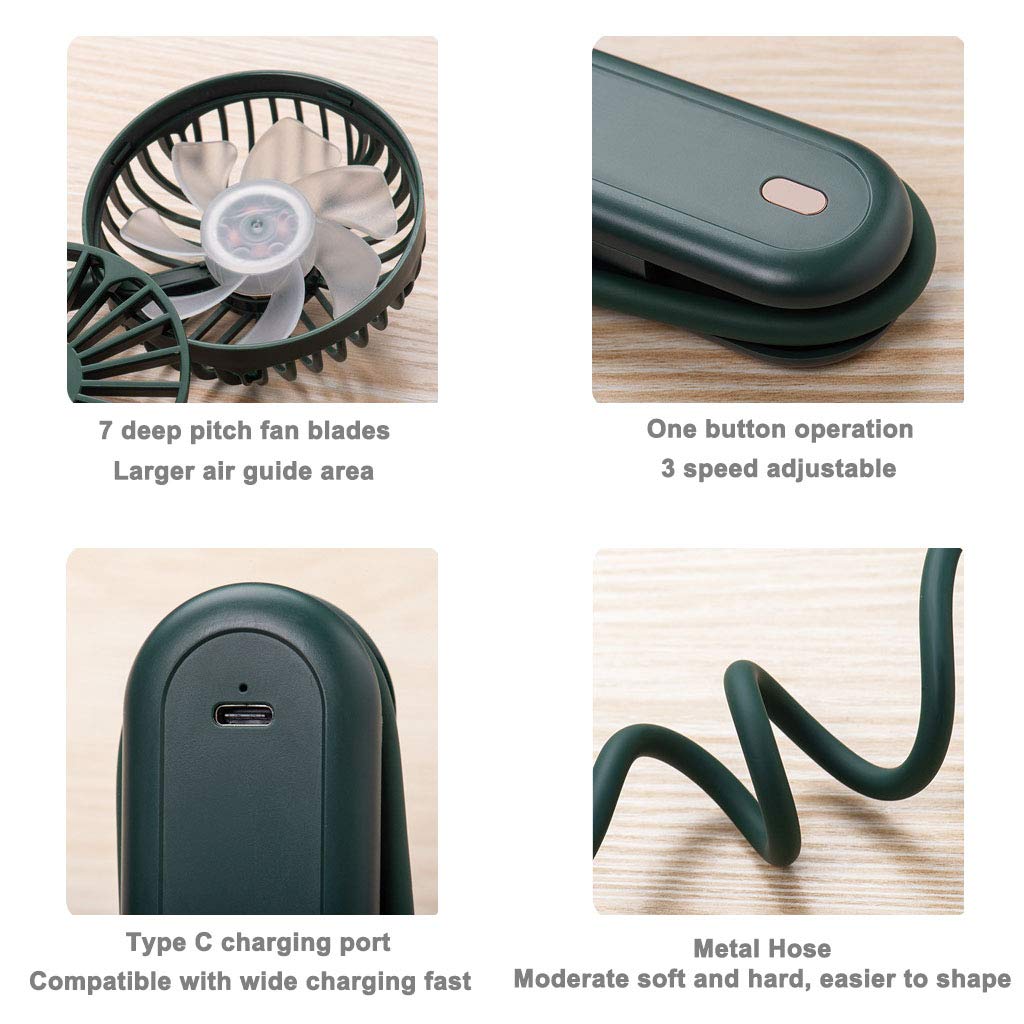 Portable USB Rechargeable Handheld Fan - 3 Speed Adjustable Mini Fan for Baby Stroller, Neck, Desk & Personal Cooling | Flexible Stand, Lightweight Design | Perfect for Outdoor, Travel, Office & Home Use (Green)