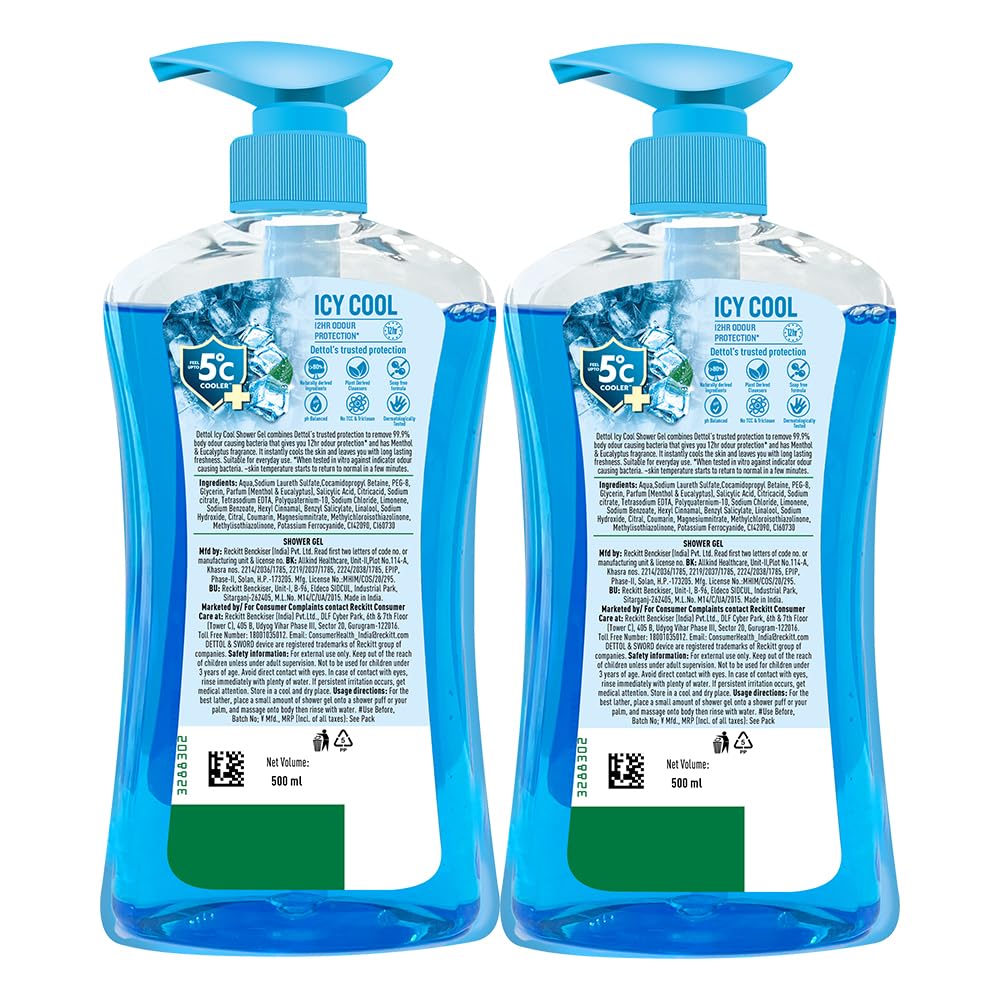 Dettol Cool Body Wash and Shower Gel - 500ml (Pack of 2) | Antibacterial & Refreshing | For Daily Hygiene & Post-Workout Cleanse