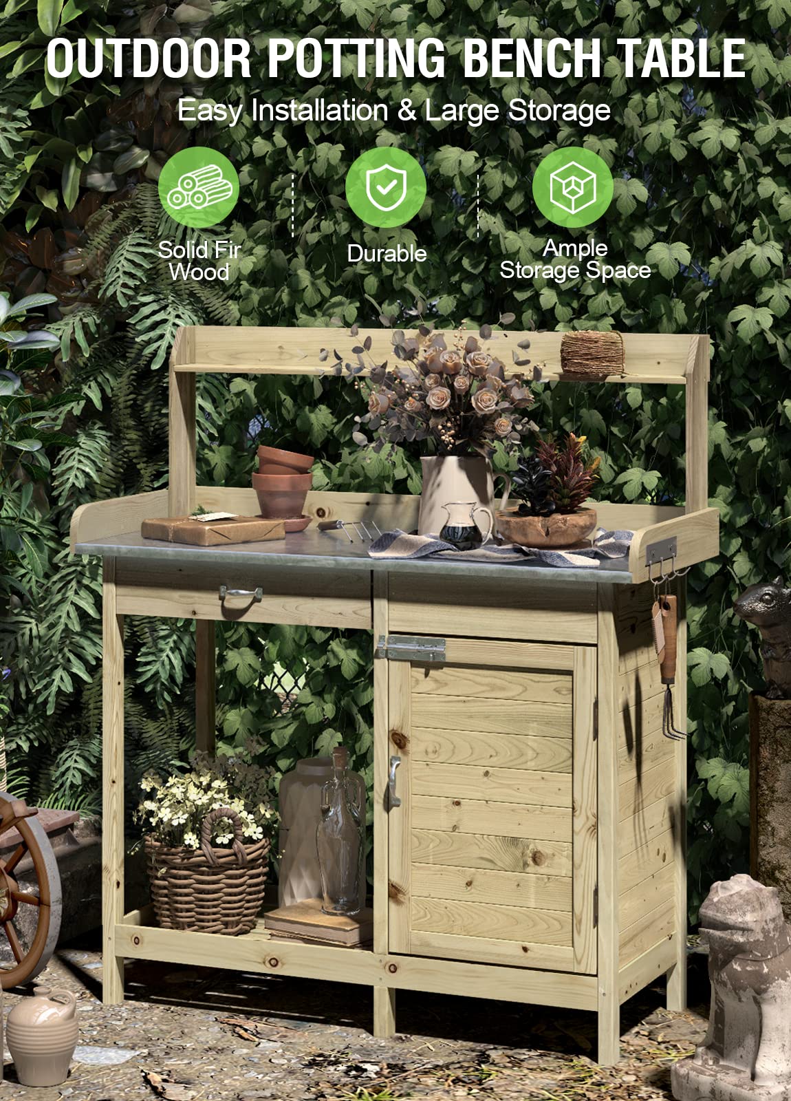 **ARNOT Wooden Potting Bench with Cabinet & Storage Shelf - Outdoor Garden Work Station for Planting, Potting & Organizing Garden Supplies - Perfect for Backyard, Patio & Greenhouse Use**