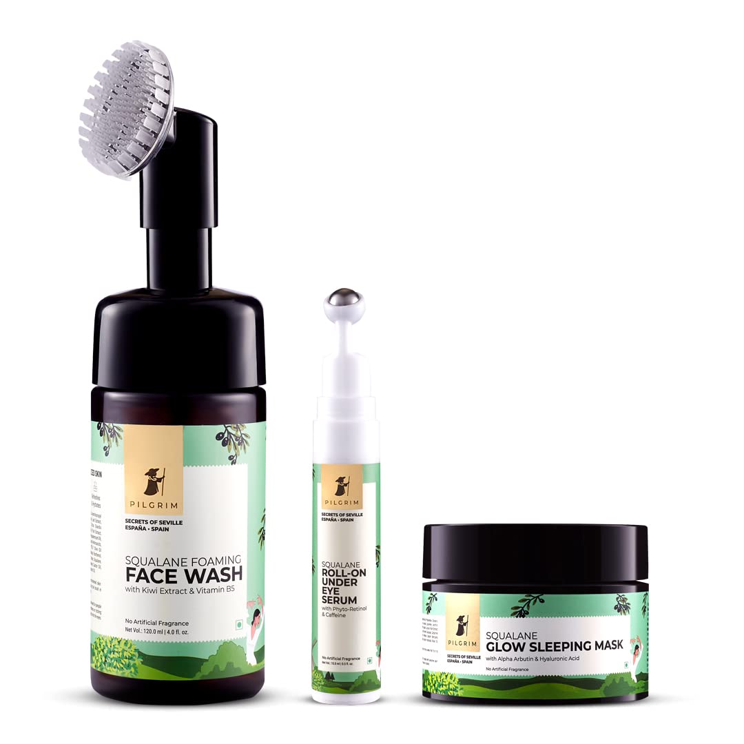 Pilgrim Essential Night Care Facial Kit - Foaming Face Wash with Brush (120ml), Roll-on Under Eye Serum (15ml), Squalane Sleeping Mask (50g) | Reduce Dark Circles, Puffiness & Fine Lines | Glowing Skin | Nighttime Skincare Routine for Hydration & Anti-Aging