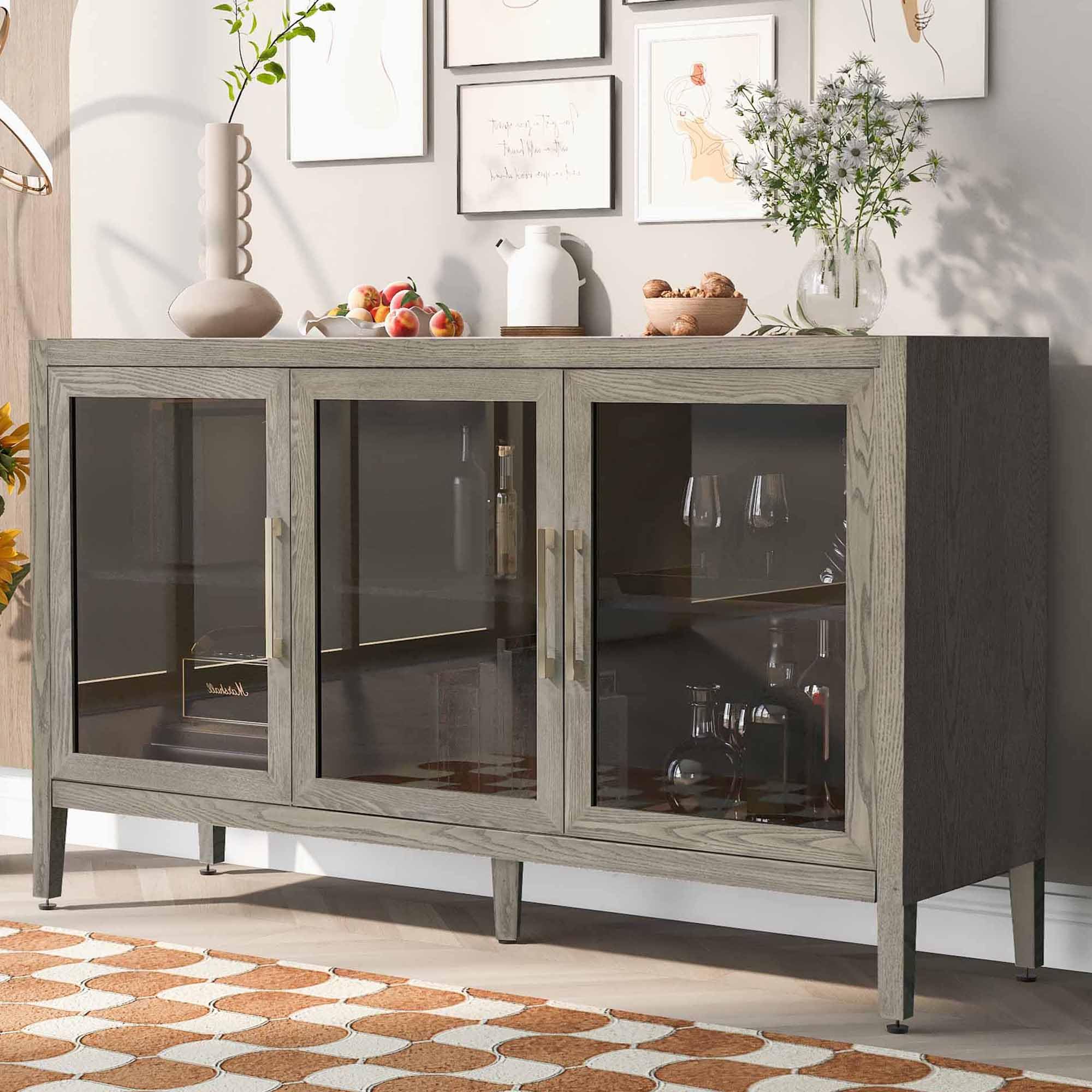 Modern Sideboard Buffet Cabinet with Glass Doors - Kitchen Storage Console Table with Adjustable Shelves for Living Room, Dining Room & Entryway - Perfect for Home Organization & Stylish Display (Gray)