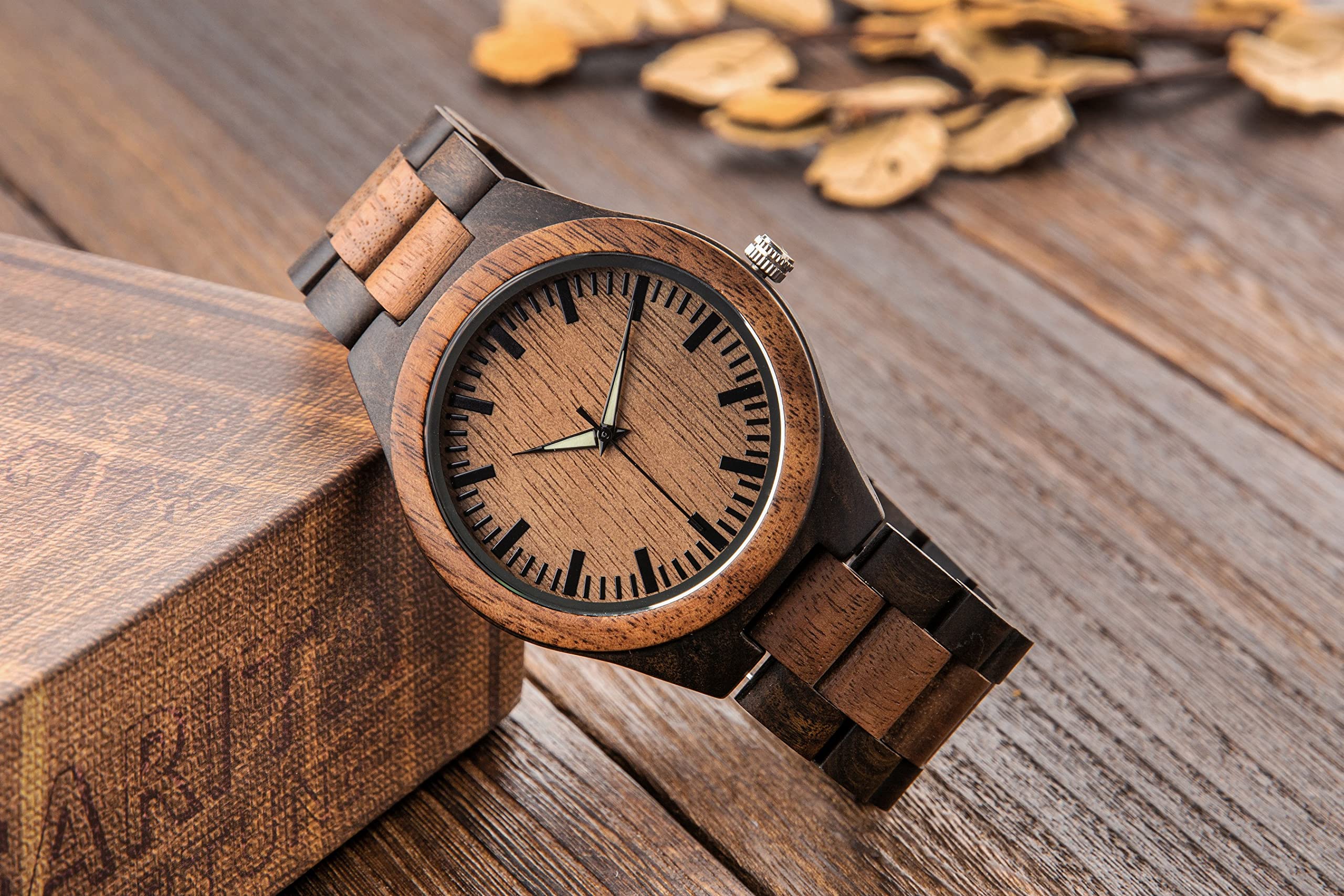 Custom Engraved Wooden Watch for Men - Personalized Walnut & Ebony Wood Watch with Luminous Hands - Anniversary, Birthday, Father's Day Gift for Husband, Dad, Son - Perfect for Casual Wear, Outdoor Adventures & Special Occasions