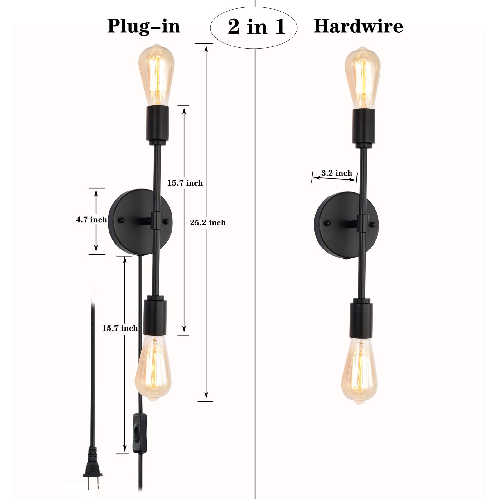 Modern Industrial 2-Light Black Bathroom Vanity Light Fixtures with On/Off Switch Cord - Plug in Wall Sconce Set of 2 for Living Room, Bathroom, Farmhouse, Dining Room - Perfect for Ambient Lighting and Home Decor