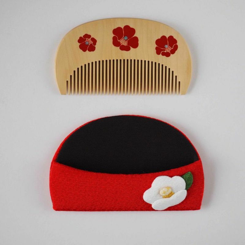 Handmade Japanese Maki-e Urushi Lacquer Tsuge Boxwood Hair Comb with Chirimen Crepe Fabric Case - Kyoto Traditional Craft, Camellia Design - Perfect for Weddings, Tea Ceremonies & Kimono Styling